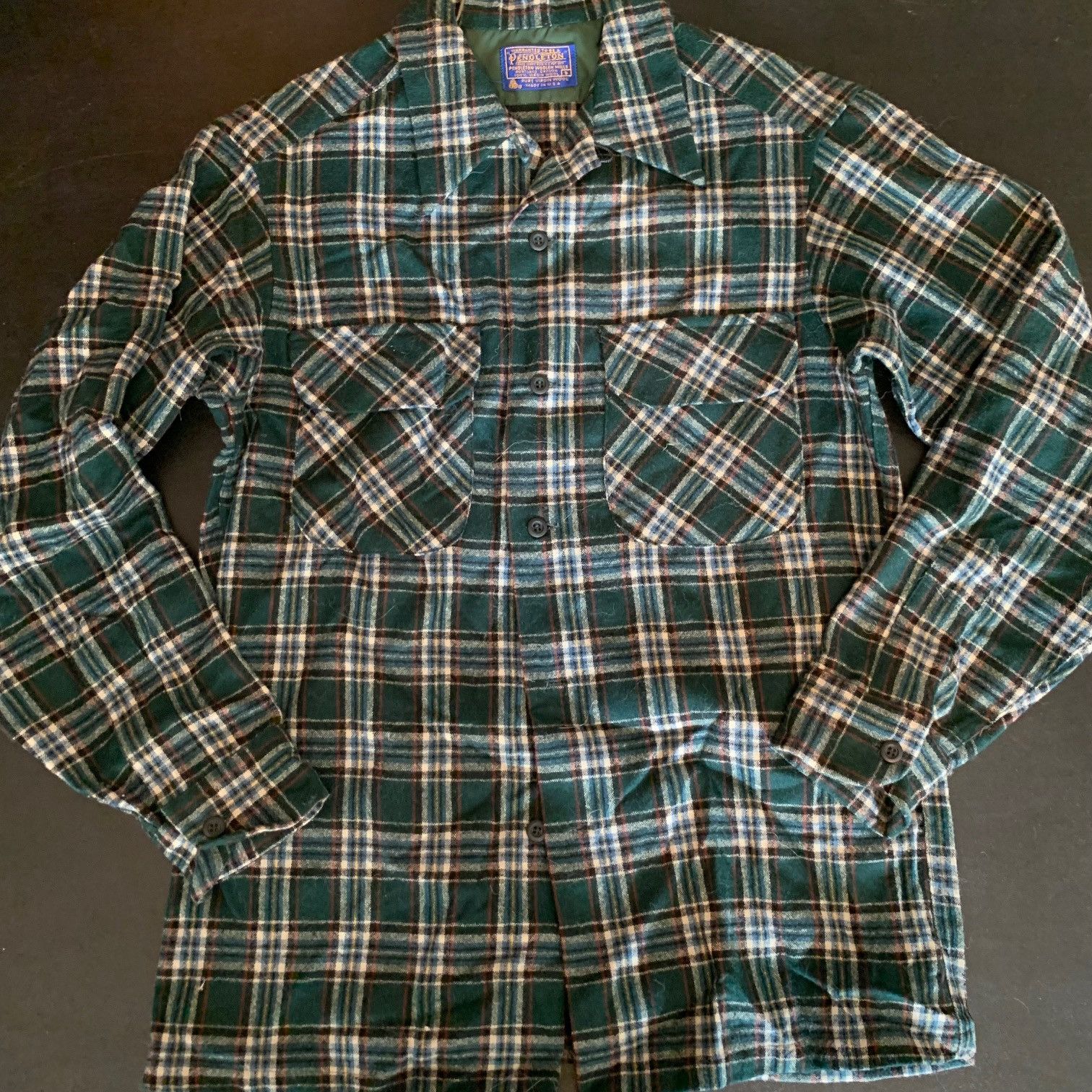 image of 1960S Pendleton Board Shirt Grn Wool Loop Collar Flap Pocket in Green, Men's (Size Small)