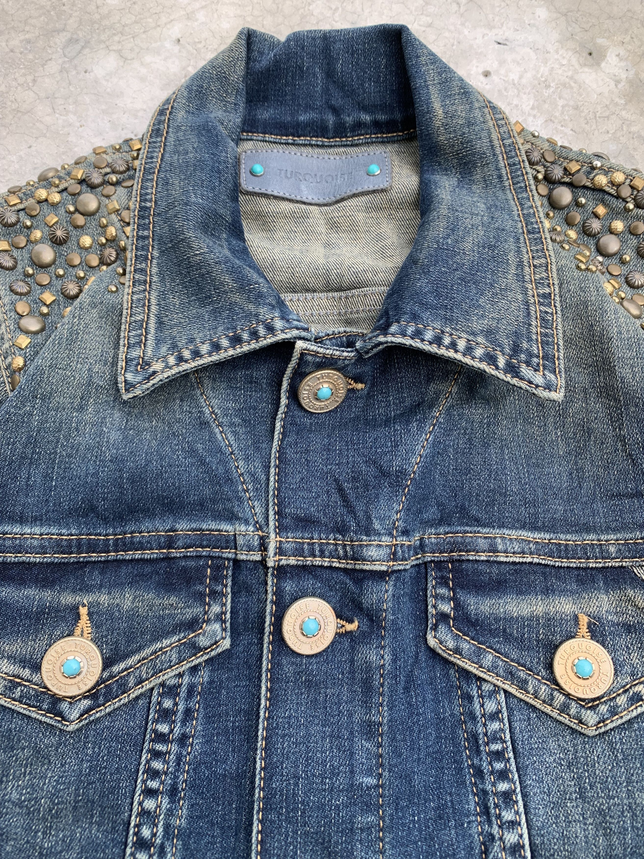 Vintage Turqoise Beaded Shoulder Denim Jacket Size M / US 6-8 / IT 42-44 - 4 Thumbnail