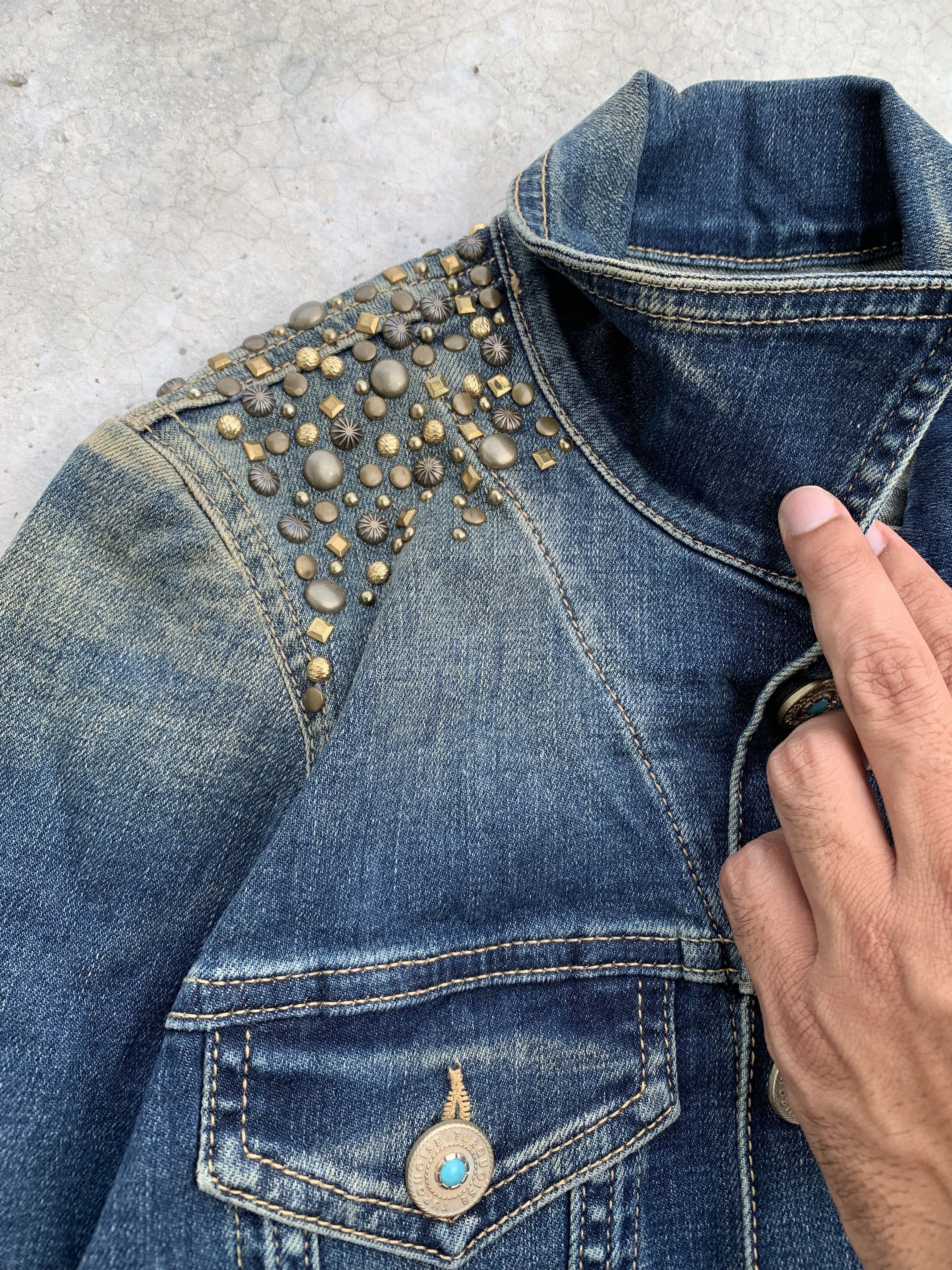 Vintage Turqoise Beaded Shoulder Denim Jacket Size M / US 6-8 / IT 42-44 - 6 Thumbnail