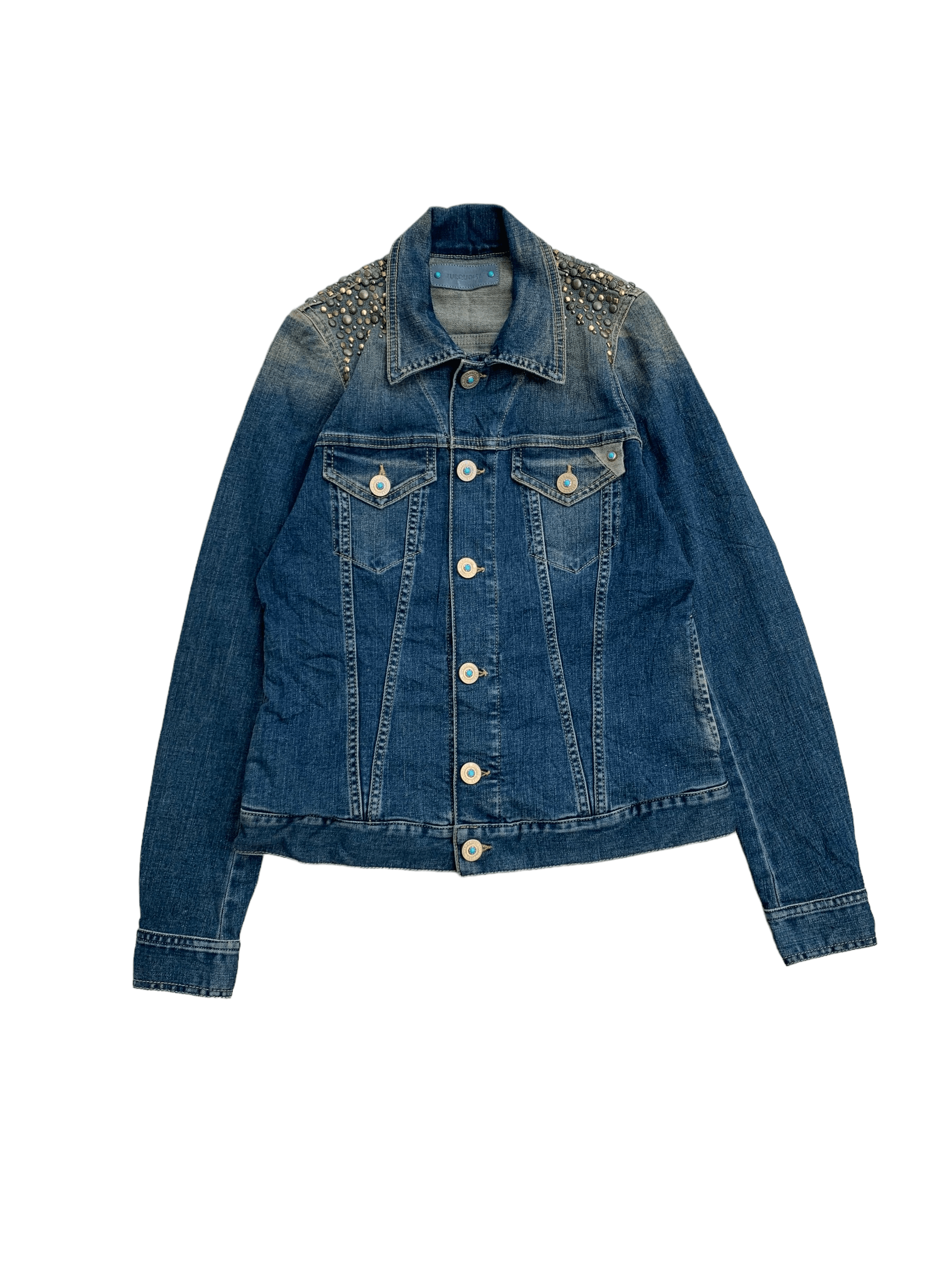 Vintage Turqoise Beaded Shoulder Denim Jacket Size M / US 6-8 / IT 42-44 - 1 Thumbnail