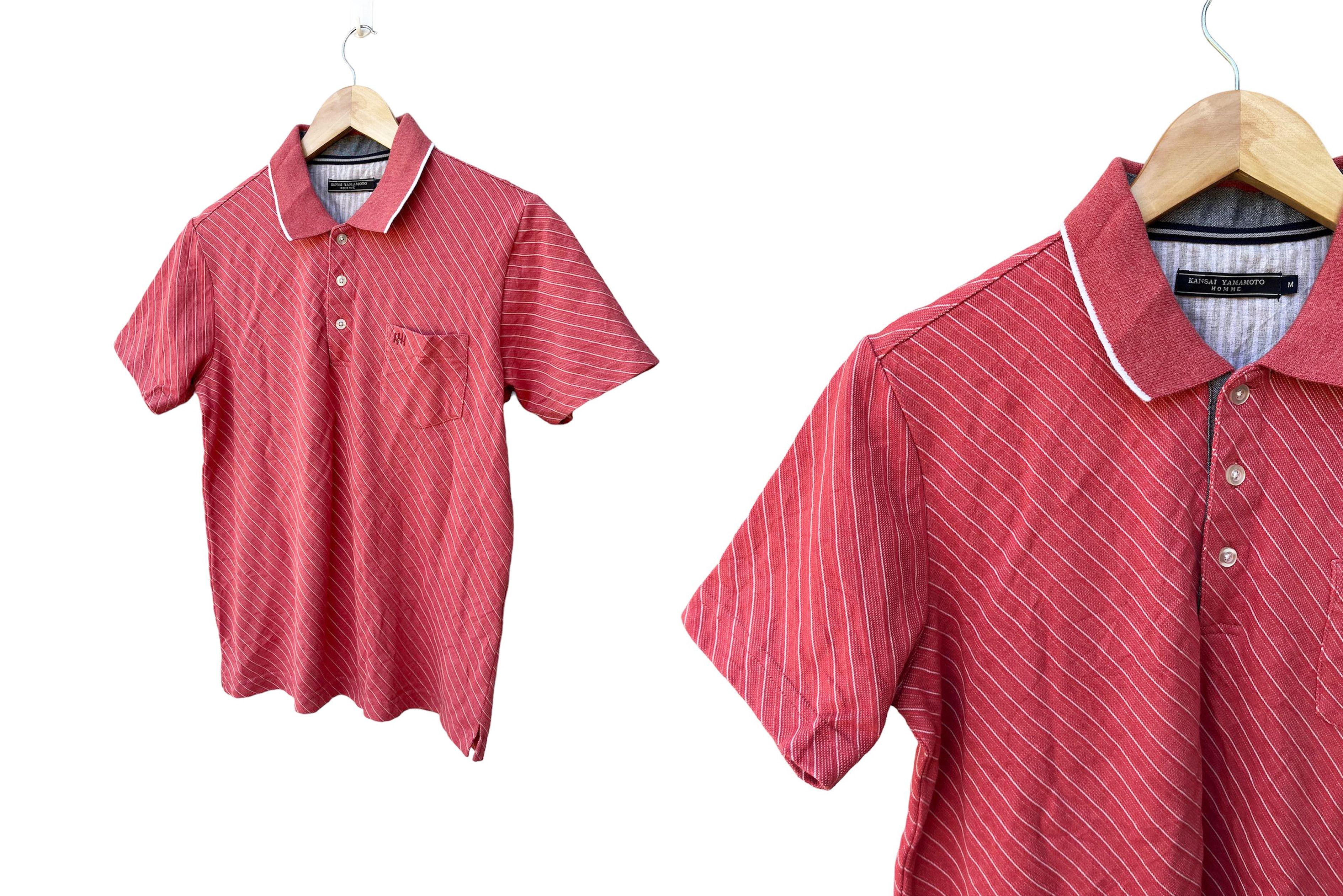 Kansai Yamamoto KANSAI YAMAMOTO Coral and White Stripes Collared Polo Shirt Size US M / EU 48-50 / 2 - 4 Thumbnail
