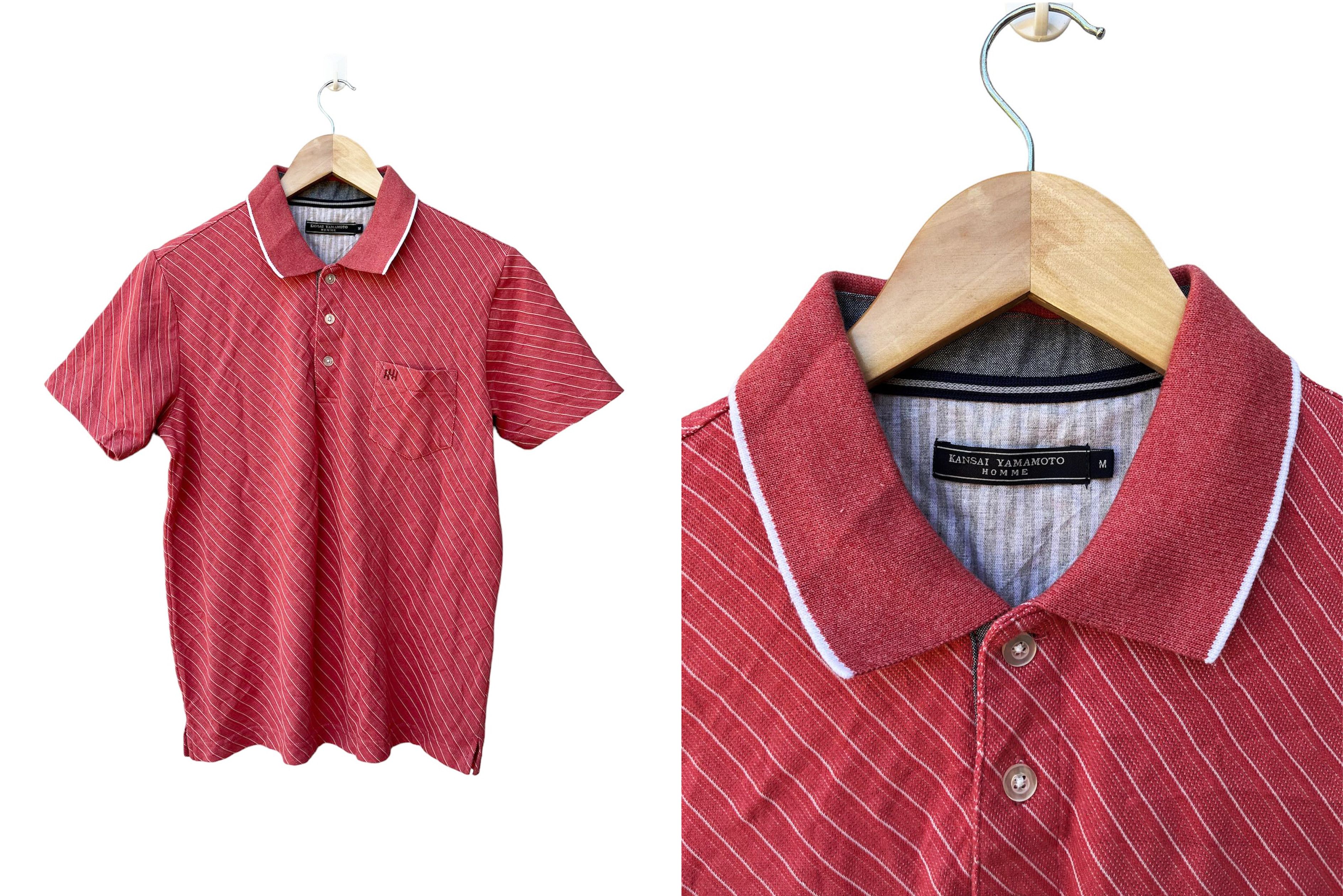 Kansai Yamamoto KANSAI YAMAMOTO Coral and White Stripes Collared Polo Shirt Size US M / EU 48-50 / 2 - 2 Thumbnail