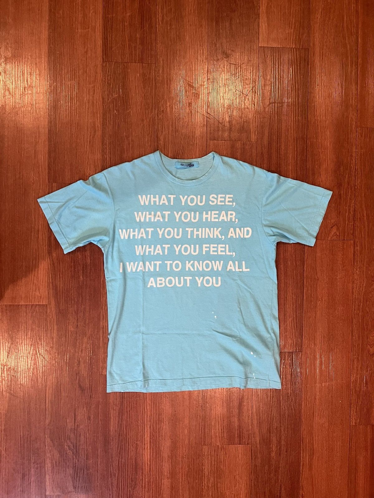 image of Comme Des Garcons x Junya Watanabe Poem Shirt 2001 I Want To Know All About You in Blue (Size Large