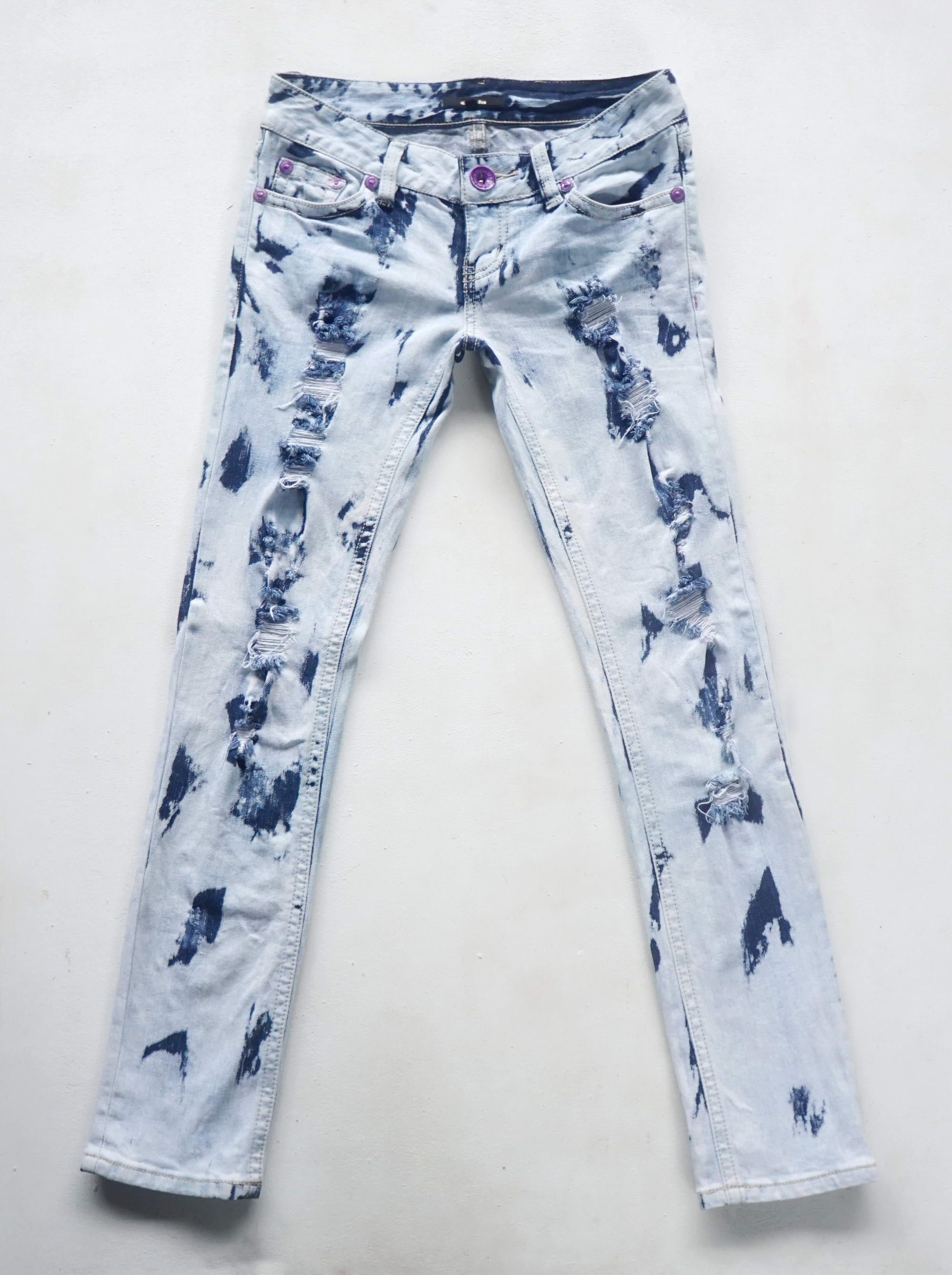 image of Calm Ripped & Acid Wash Low Rise Jeans in Blue, Women's (Size 26)