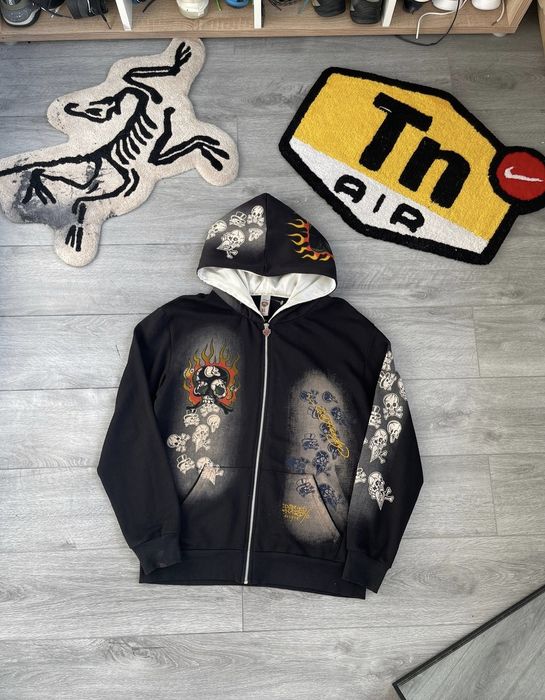 Christian Audigier Mens Vintage Ed Hardy Zip hoodie overprint Skull