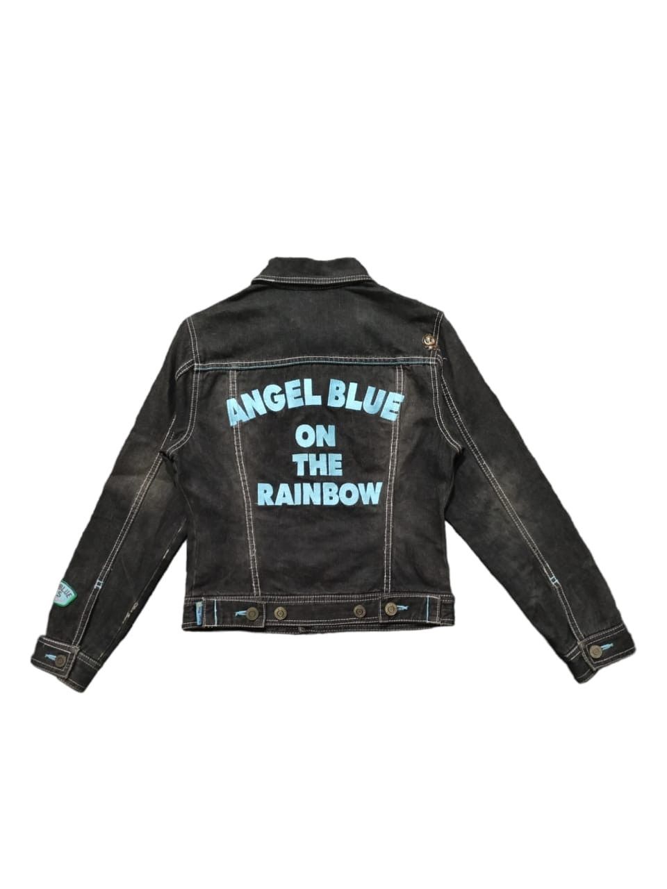 image of Vintage Y2K Angel Blue Patch Denim Trucker in Black, Women's (Size Small)