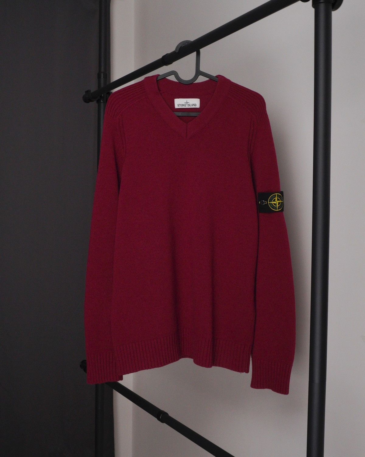 image of Stone Island Bloody Red Vneck Lamb Wool Sweater, Men's (Size Large)