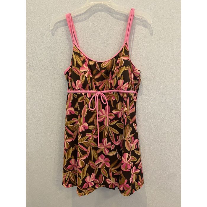 Swims It Figures Swim Bathing Suit 18W Pink Brown Floral Tummy Control