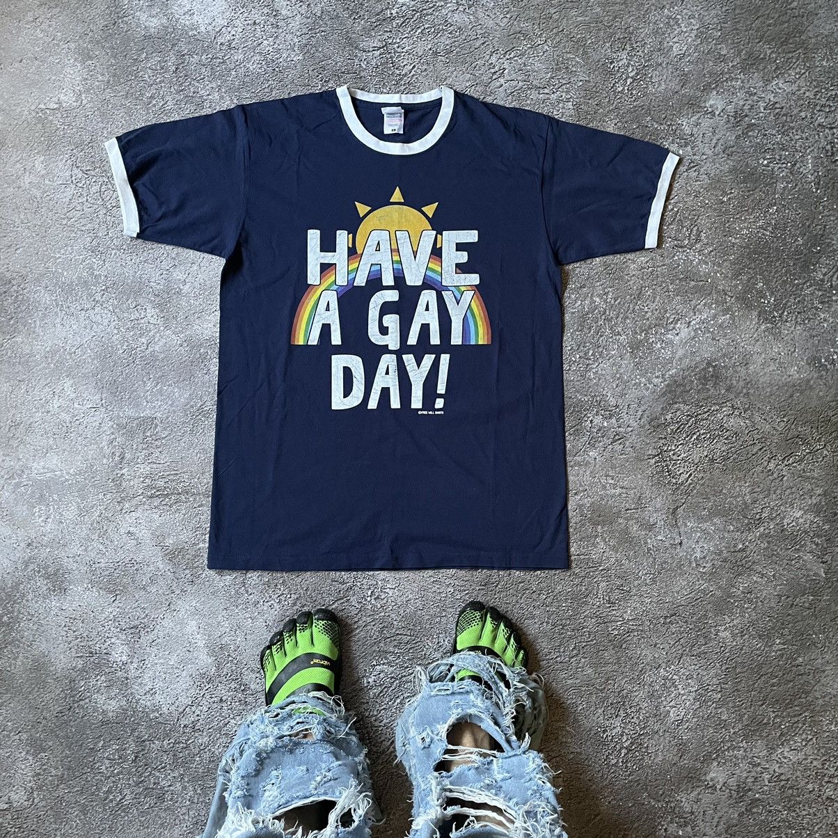 Vintage Vintage Y2K Have A Gay Day Graphic Tee Navy Ringer Rave L Size US L / EU 52-54 / 3 - 1 Thumbnail