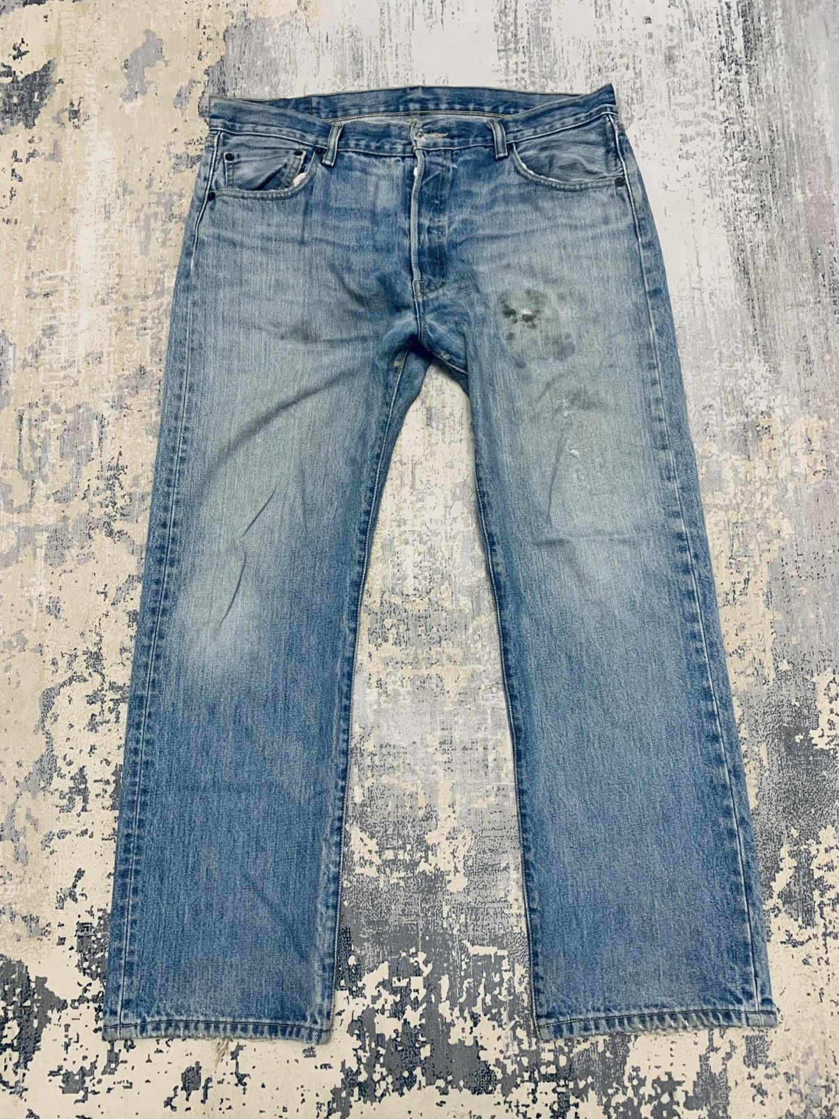 image of Distressed Denim x Jean Vintage Levi’S Denim 501 Blue Wash Distressed Jean 38X29, Men's