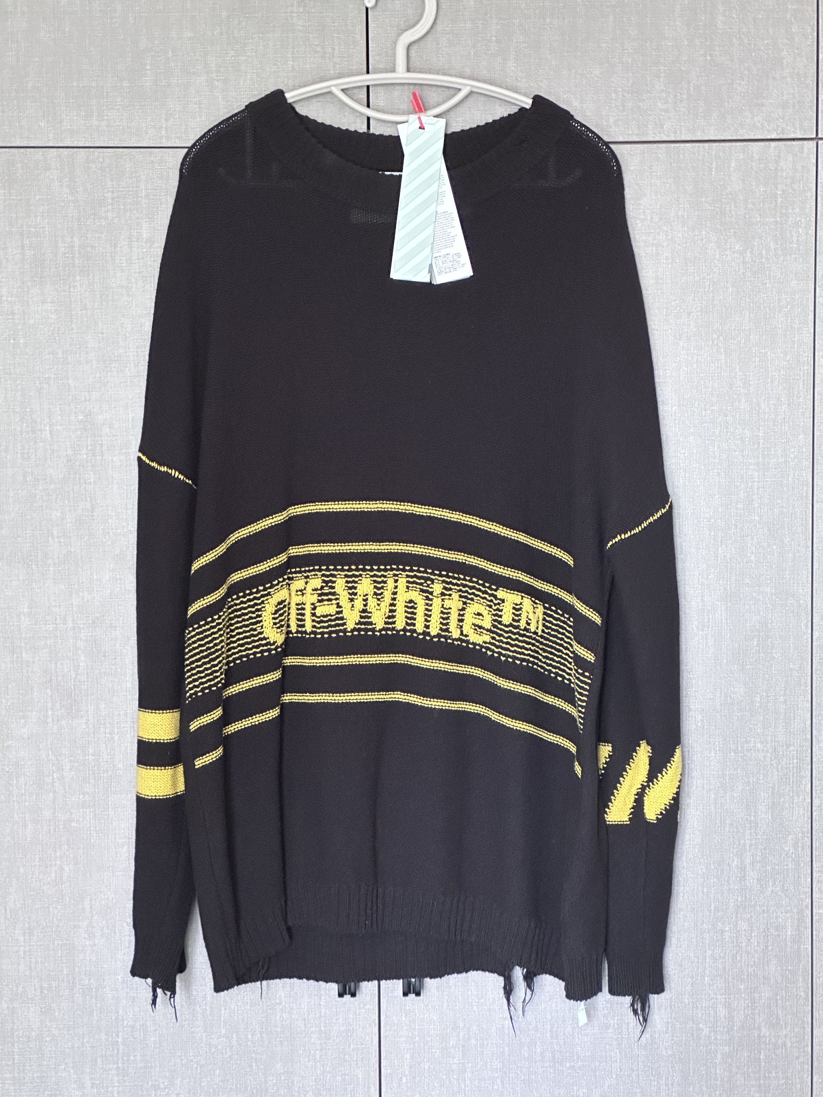 image of Off White Off-White Distressed Logo Intarsia Wool Sweater Black/yellow in Black Yellow (Size Medium