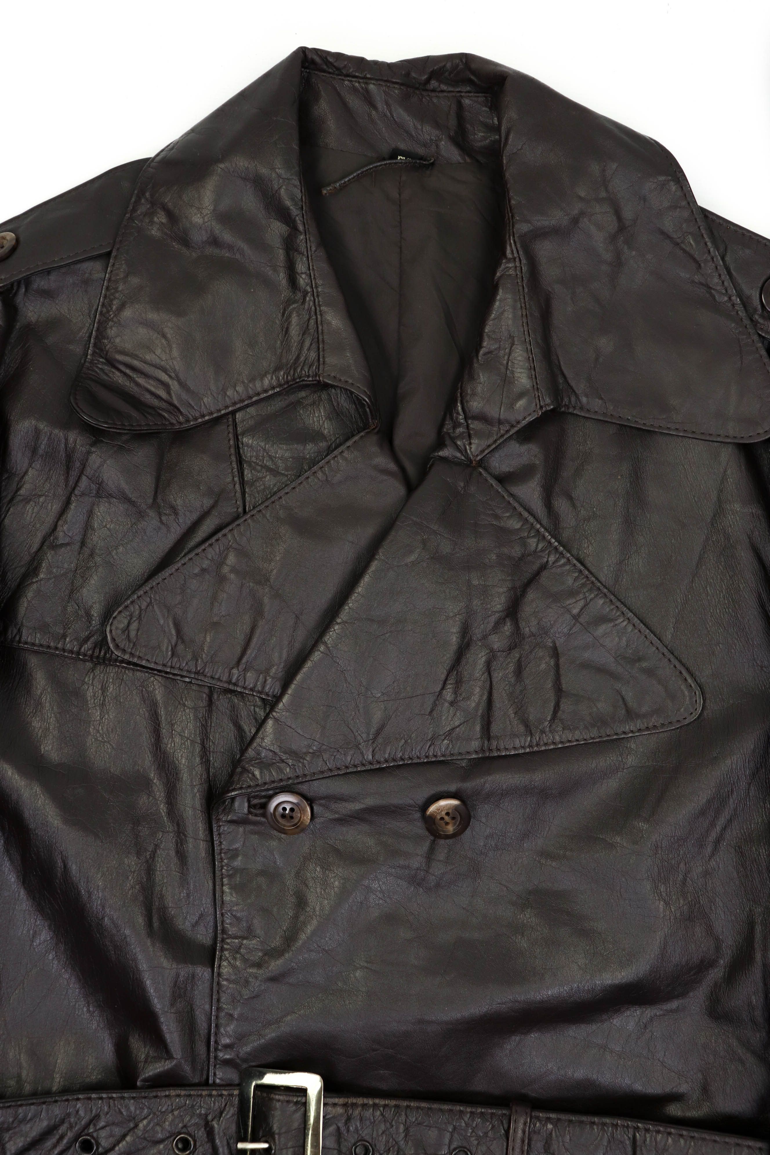 70-80s Vintage BAMF Style Brown Leather Belted Trench Coat