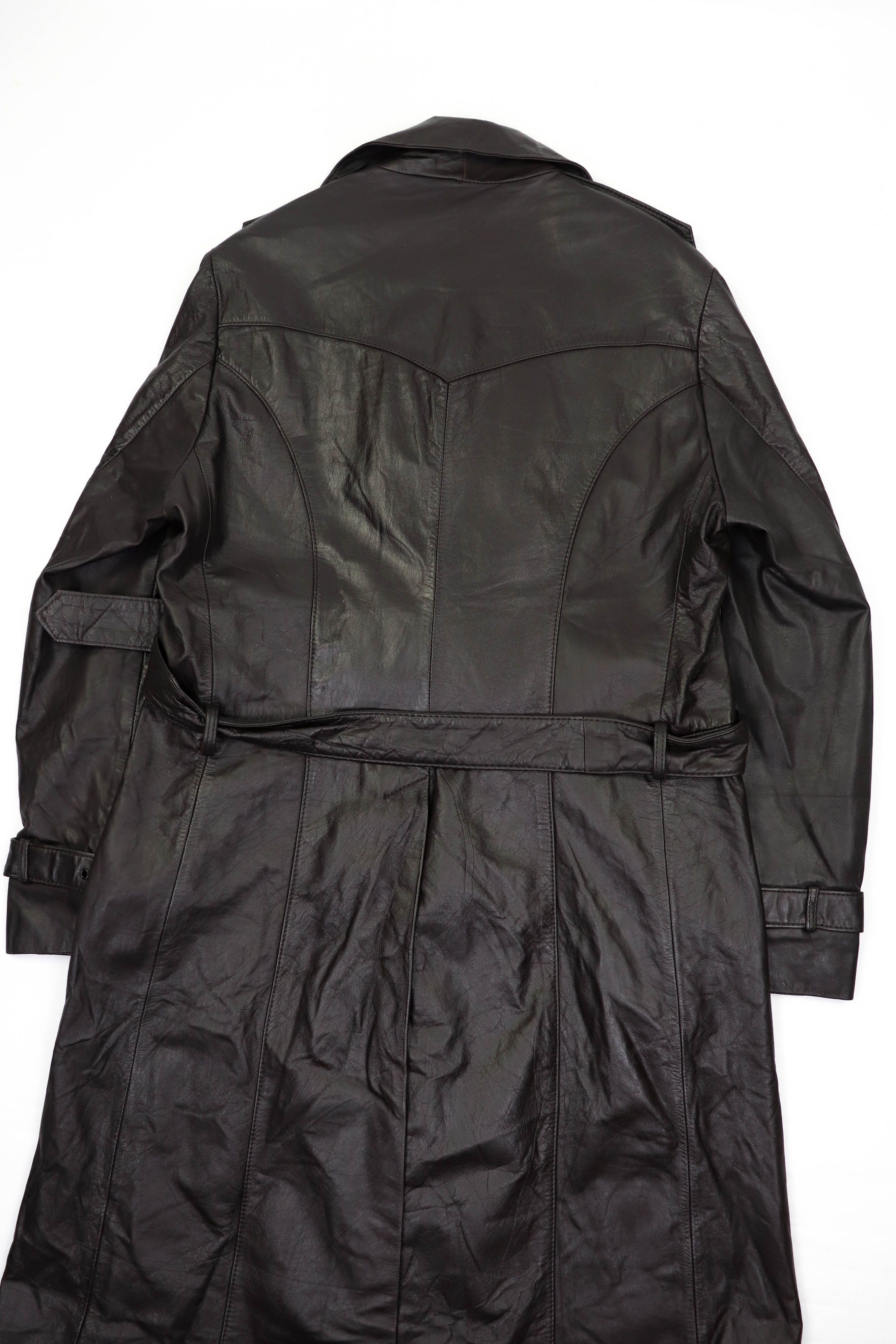 70-80s Vintage BAMF Style Brown Leather Belted Trench Coat