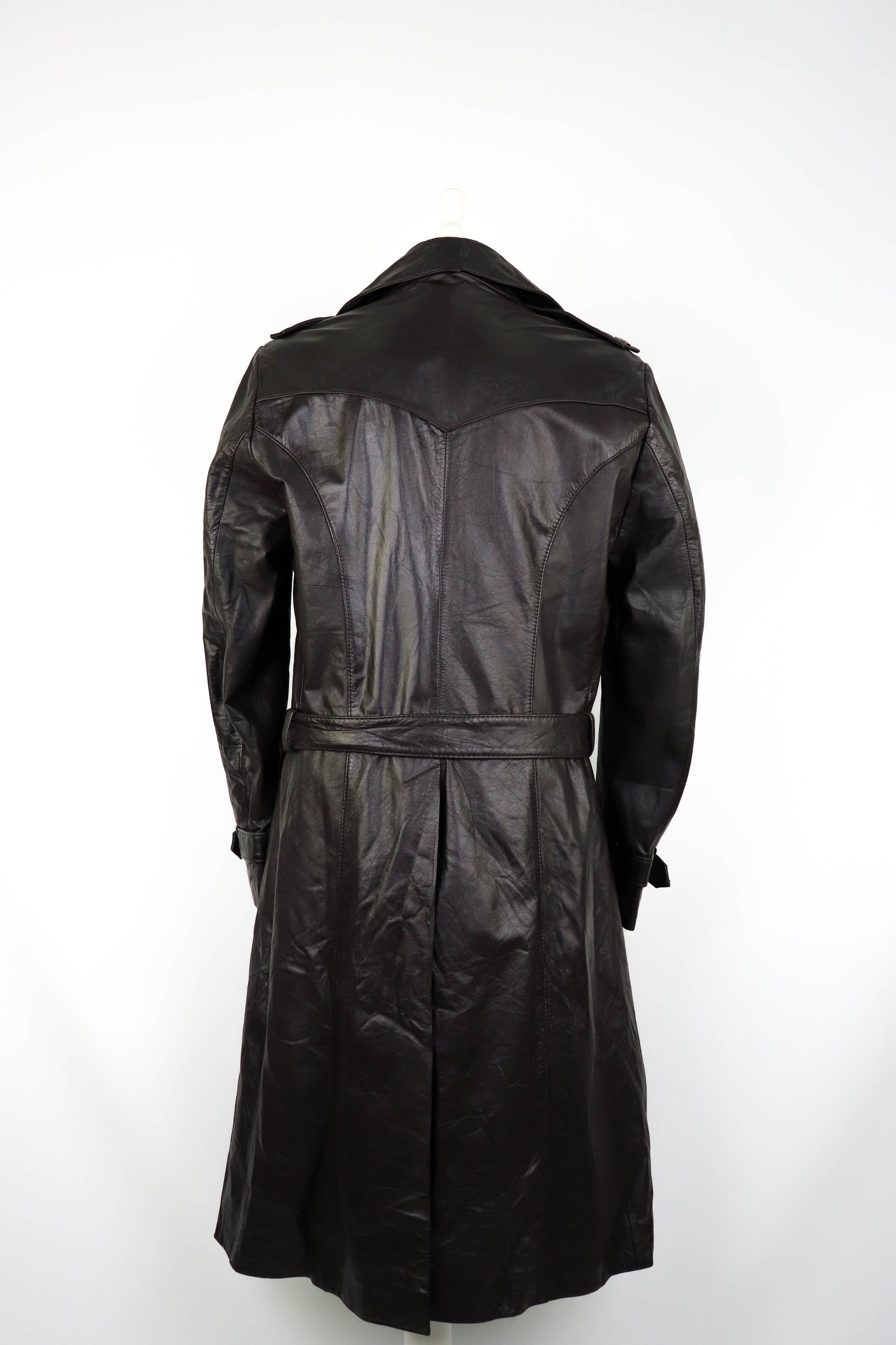 70-80s Vintage BAMF Style Brown Leather Belted Trench Coat