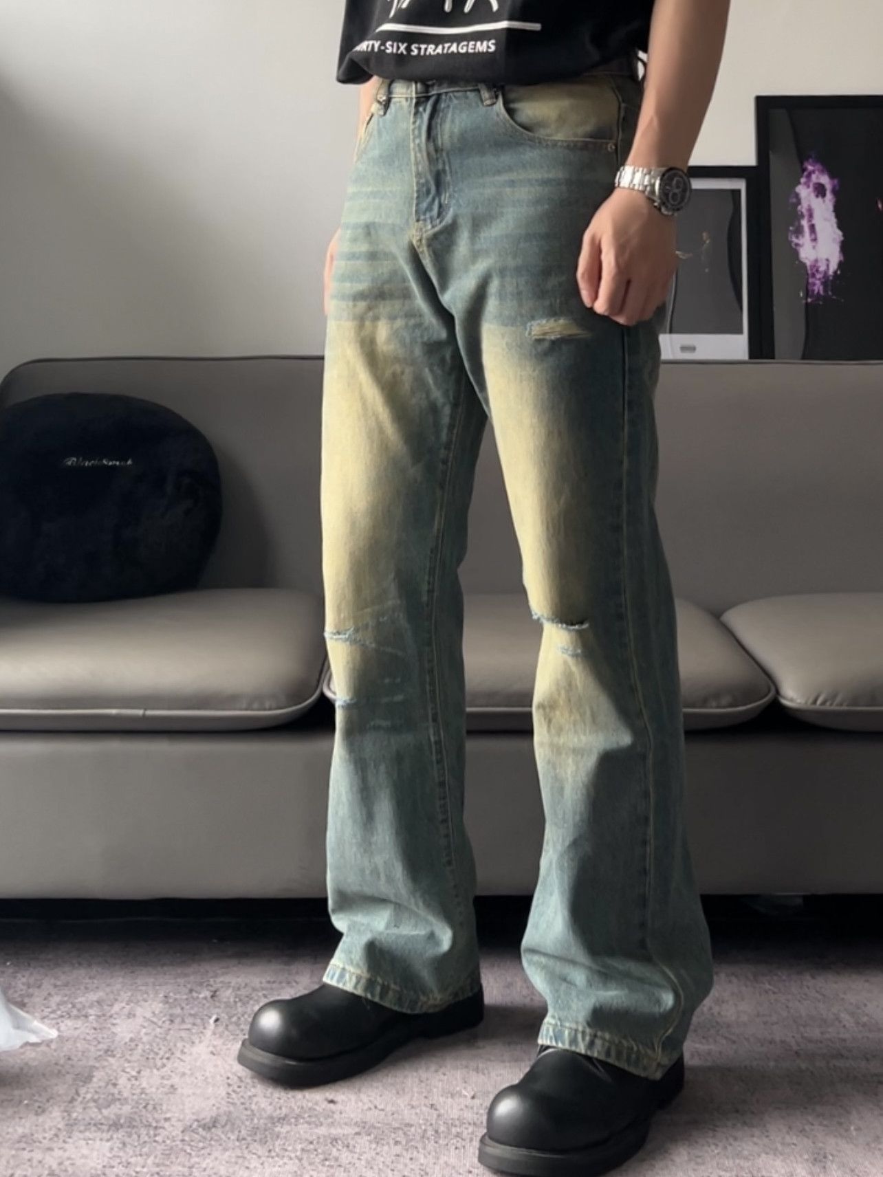 distressed damaged flared pants