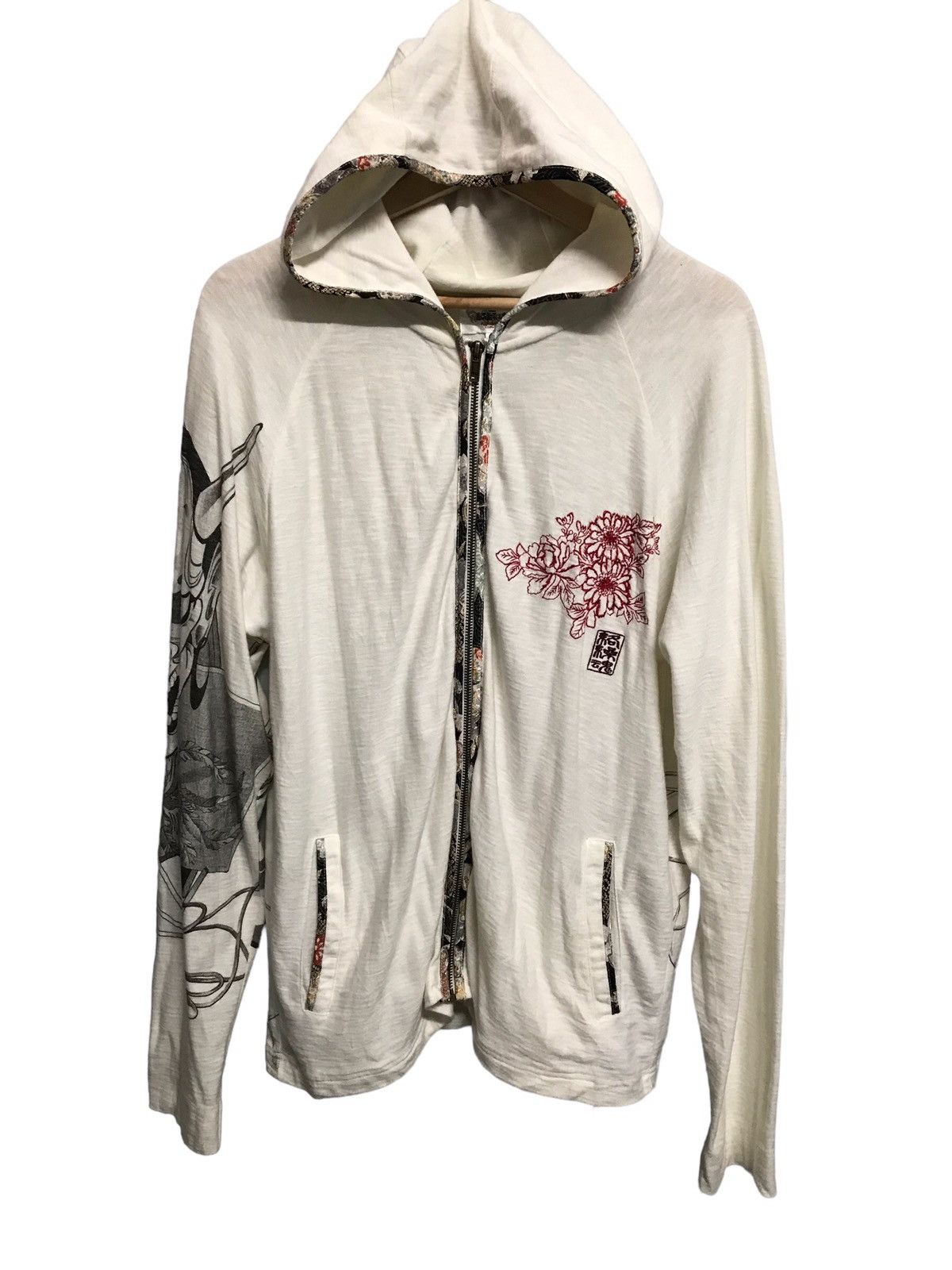 image of Very Vintage Japanese Karakuri Tamashi Embroidery Devil Print Hoodie in White, Men's (Size Medium)