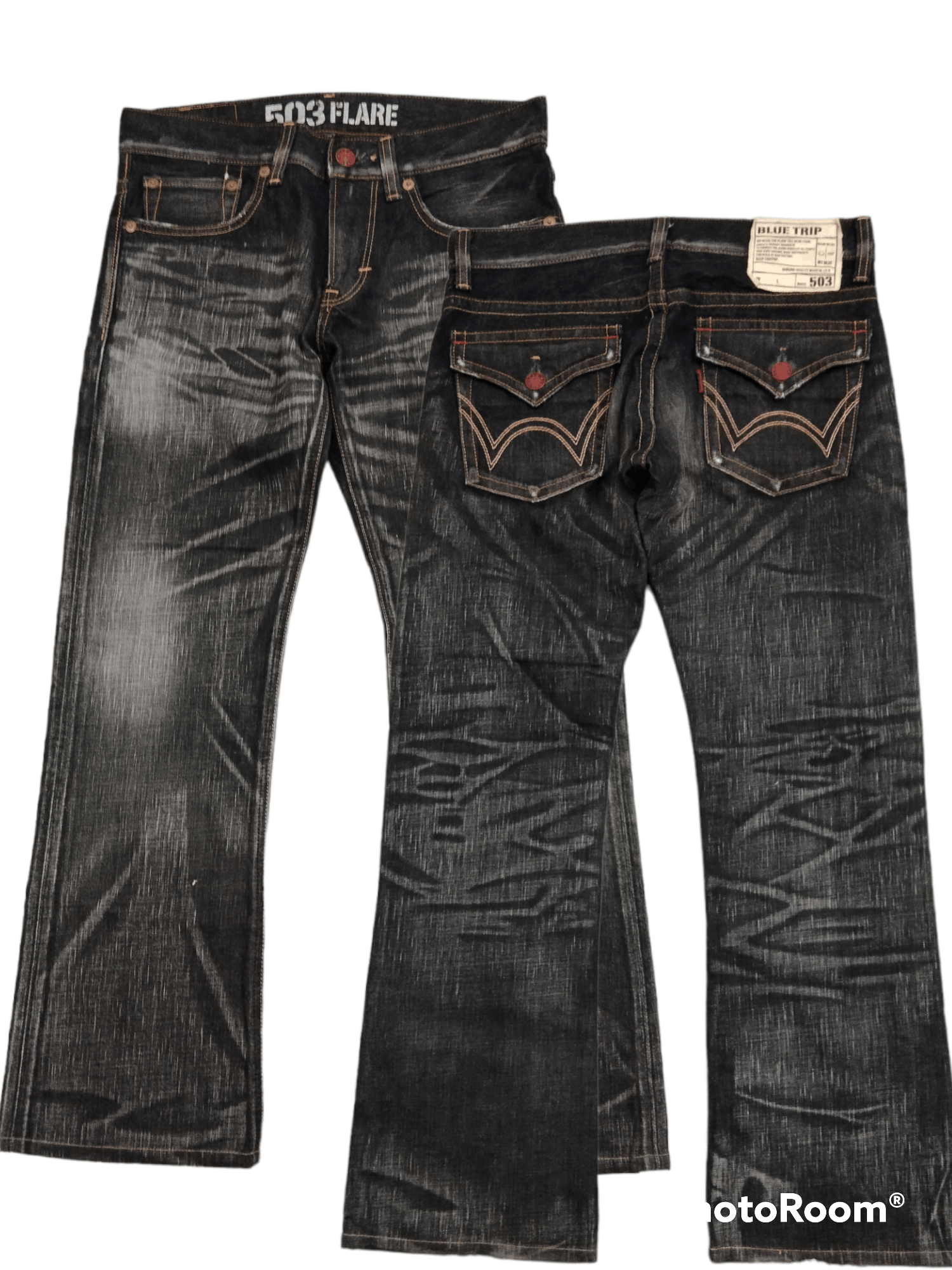 Vintage FLARE WASHED BLACK BLUE TRIP DENIM PANTS Size US 31 - 1 Thumbnail