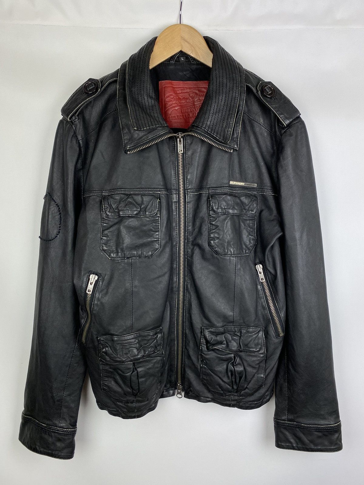 image of Superdry Japan Men’S Leather Multipocket Jacket Size L in Black, Men's