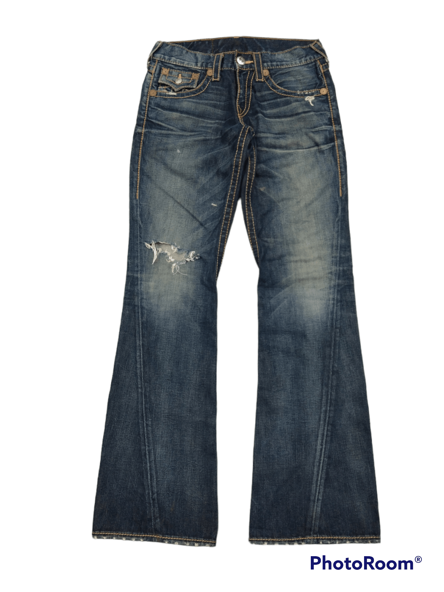 image of Distressed Denim x True Religion Twist Flare Riped T.religion Denim Pants in Blue Distressed (Size 