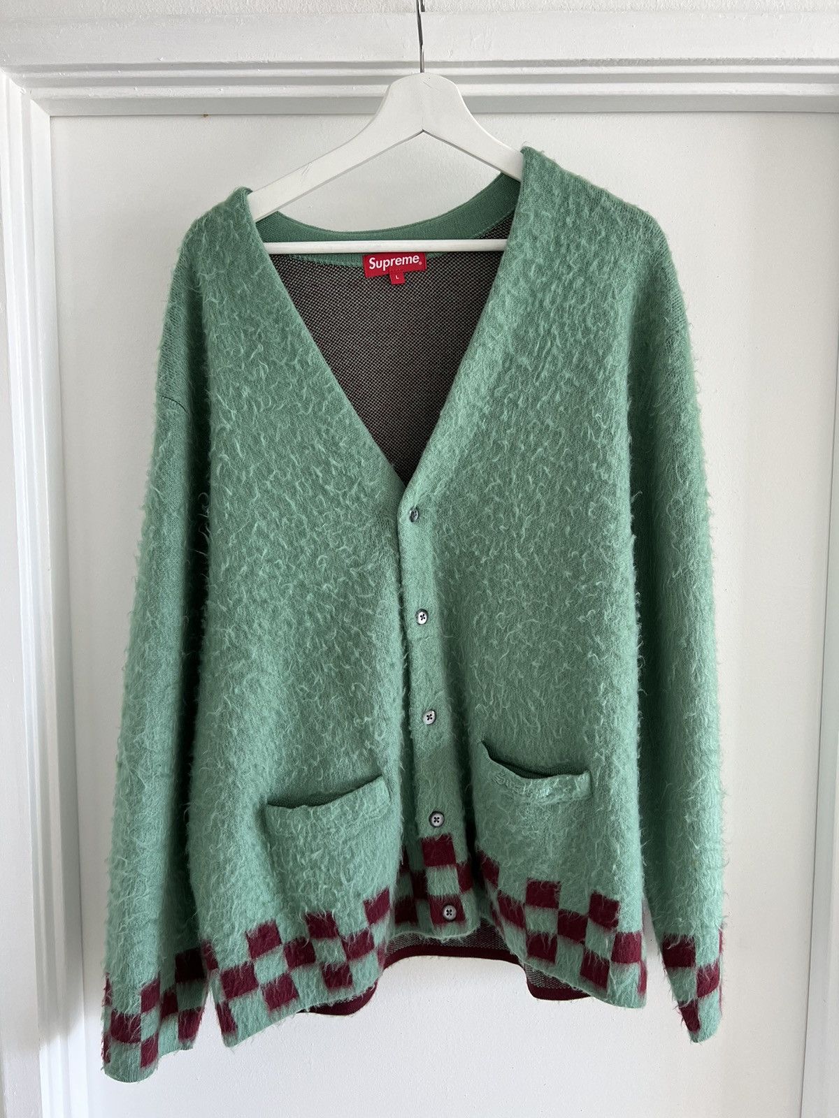 【L】supreme Brushed Argyle Cardigan Supreme Brushed Grid Cardigan (SS22) - $198