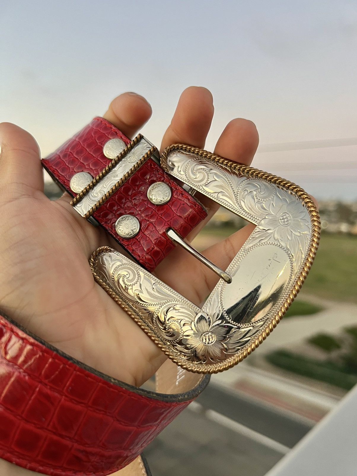 Vintage 1980's Montana Silversmiths Vintage Red Leather Belt Size 30 - 2 Thumbnail