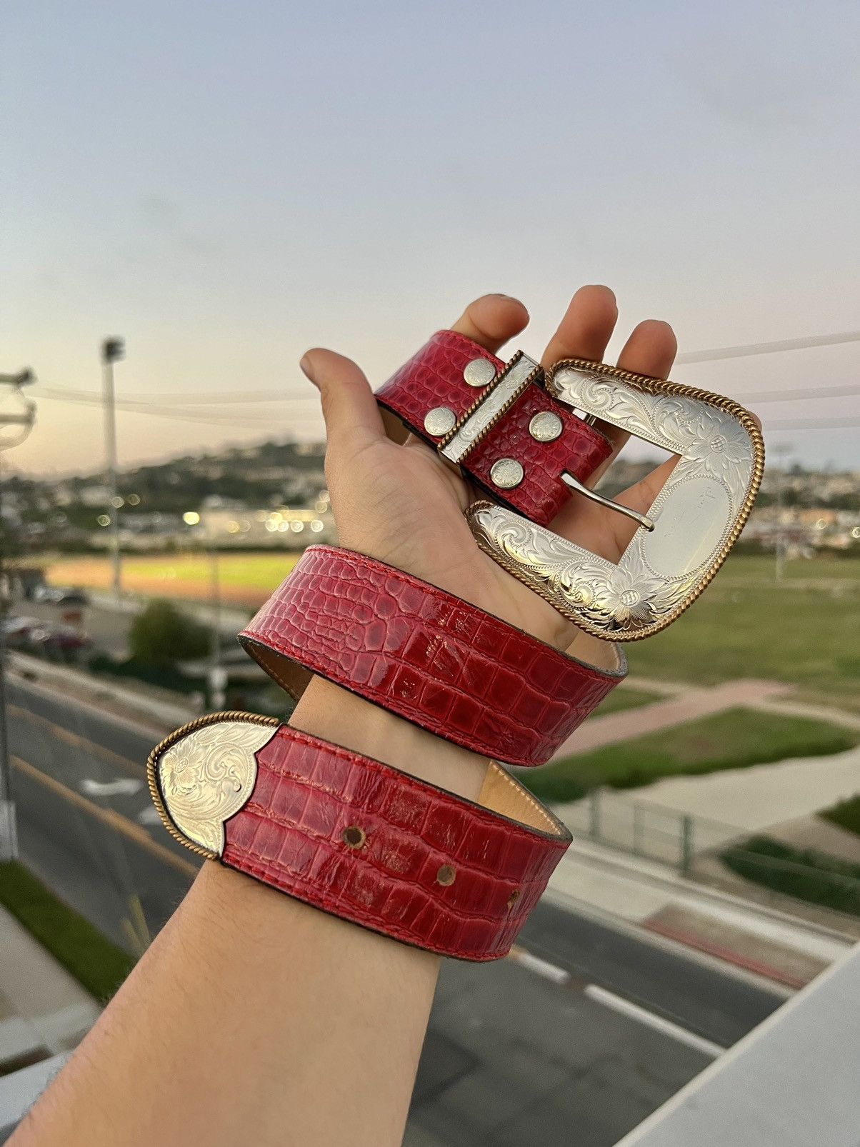 Vintage 1980's Montana Silversmiths Vintage Red Leather Belt Size 30 - 1 Thumbnail
