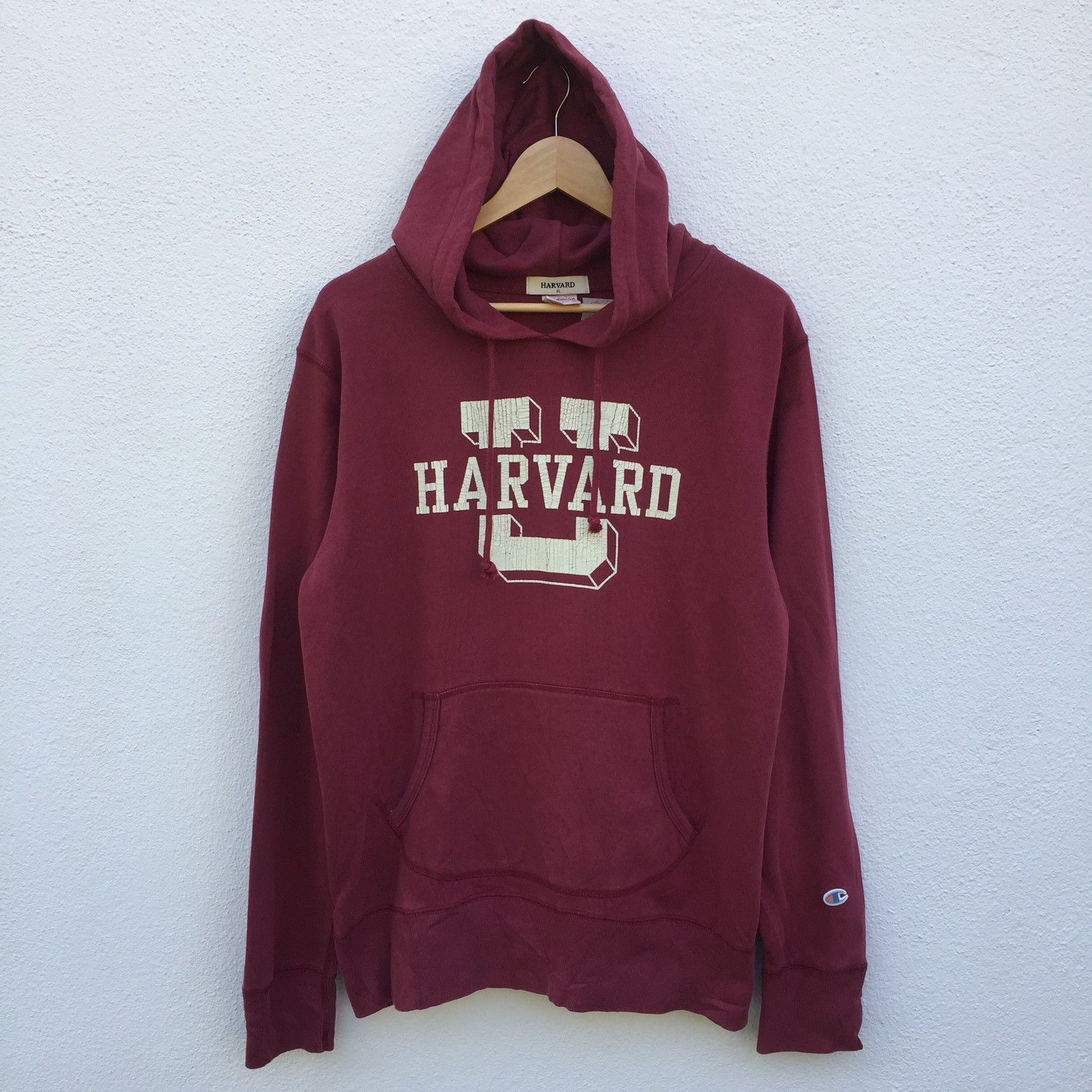 image of Vintage 80's Champion University Harvard Pullover Hoodies in Maroon, Men's (Size XL)