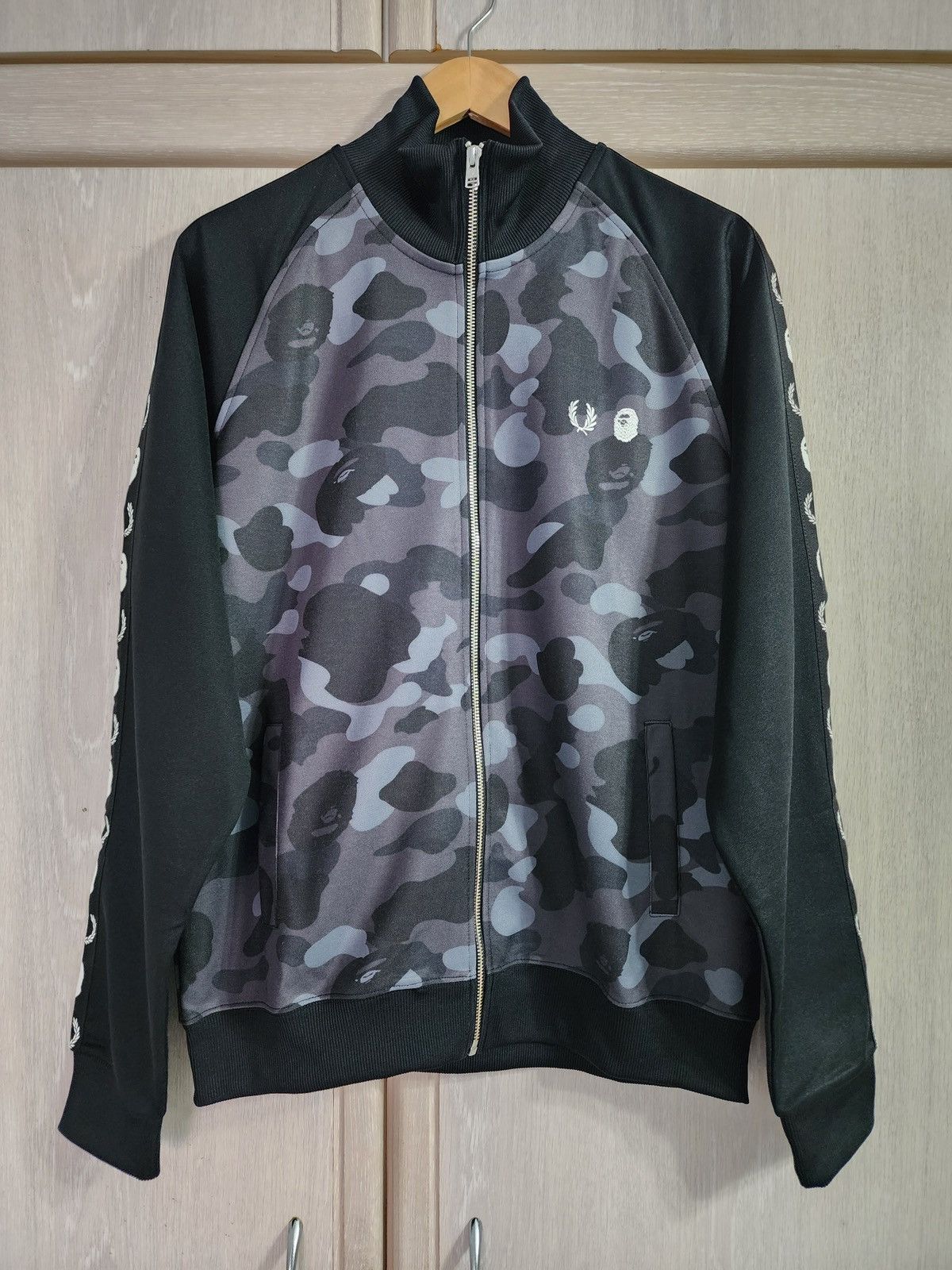 image of Bape x Fred Perry Camouflage Panel Track Jacket in Black, Men's (Size XL)