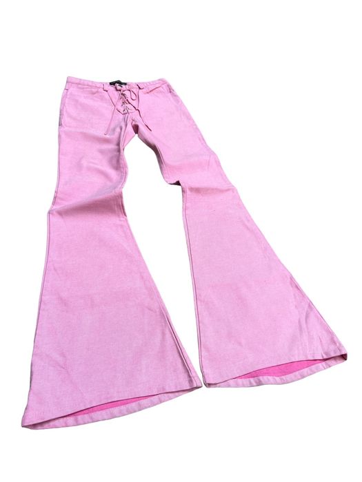 Pink Low Rise Lace Up Coated Denim Flare Jeans