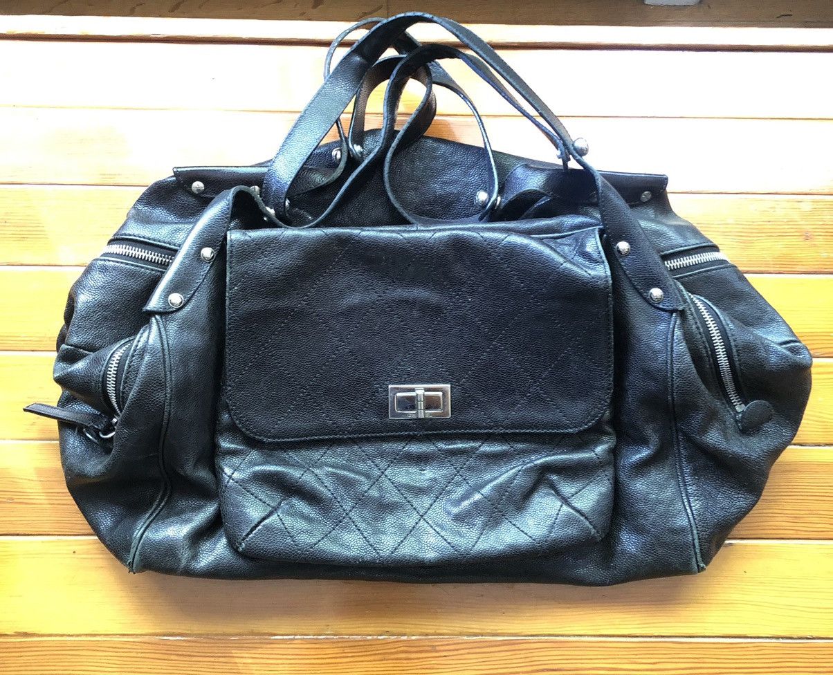 CHANEL Pebbled Leather Double Zipper XL Tote Bag