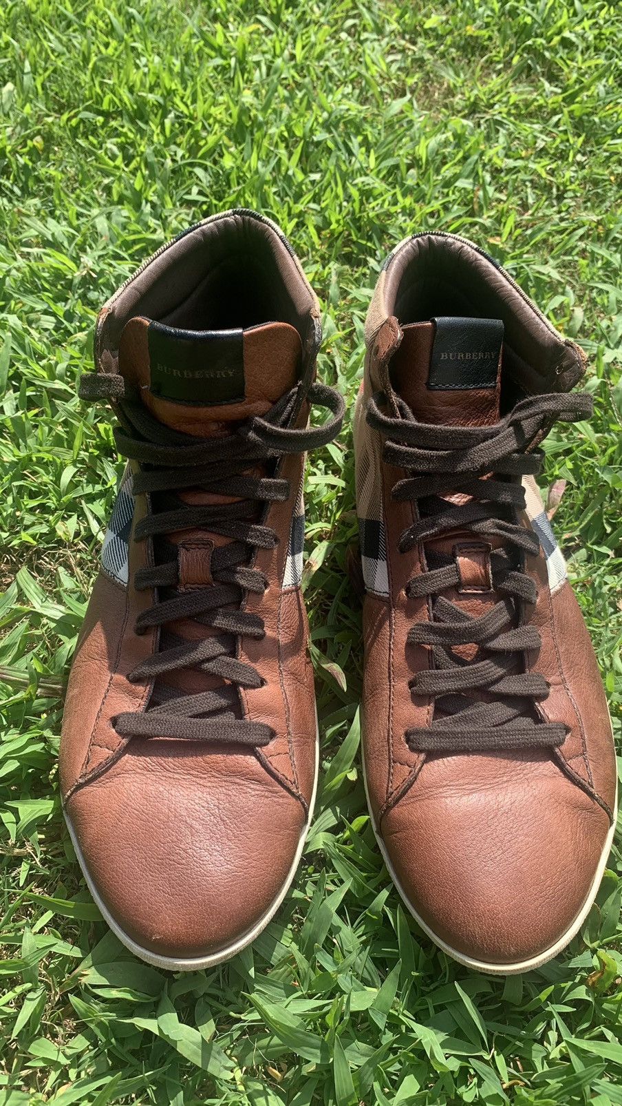 Burberry Burberry Brown Leather and Check Canvas Hi Stop sneaker Size US 10 / EU 43 - 6 Thumbnail
