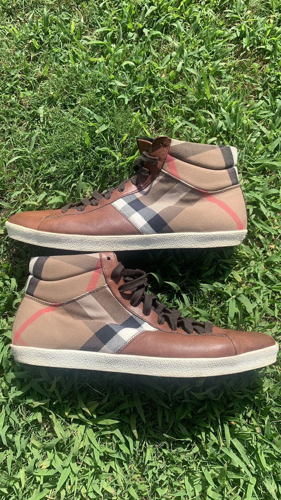 Burberry Burberry Brown Leather and Check Canvas Hi Stop sneaker Size US 10 / EU 43 - 1 Thumbnail