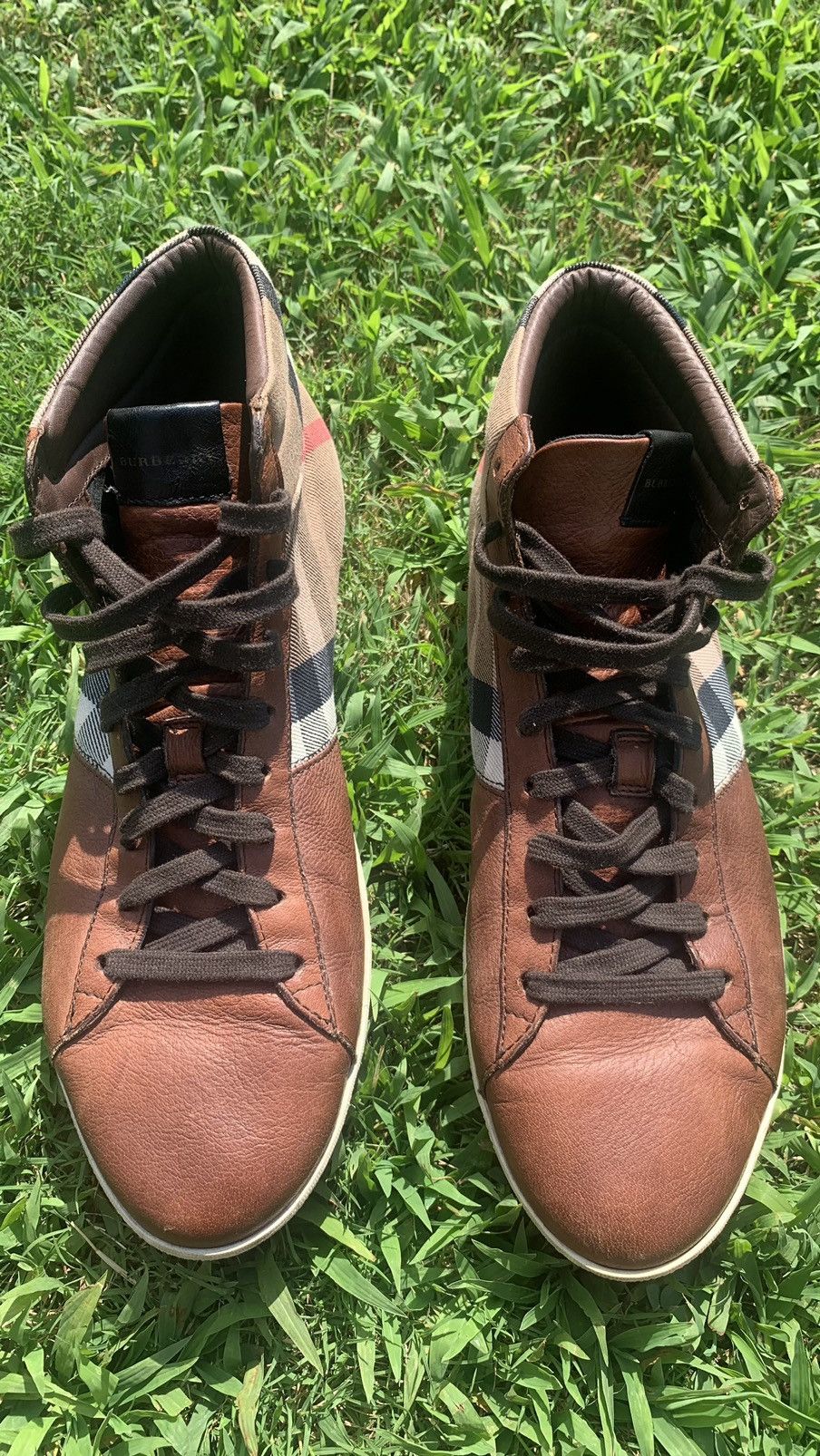 Burberry Burberry Brown Leather and Check Canvas Hi Stop sneaker Size US 10 / EU 43 - 5 Thumbnail