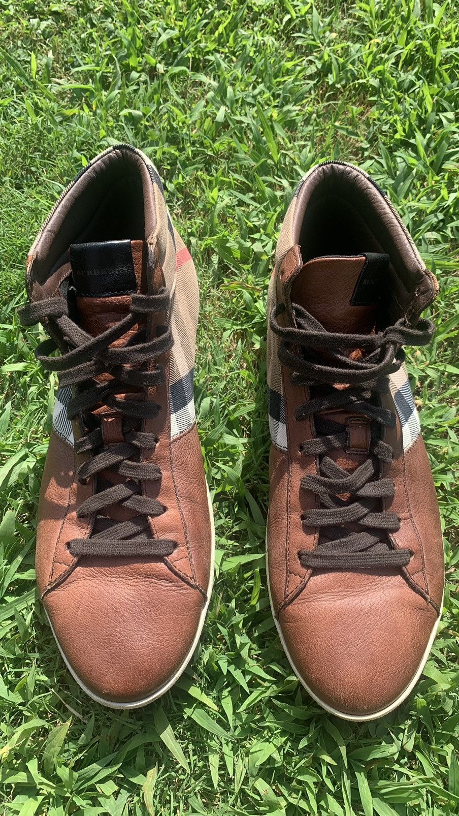 Burberry Burberry Brown Leather and Check Canvas Hi Stop sneaker Size US 10 / EU 43 - 8 Thumbnail