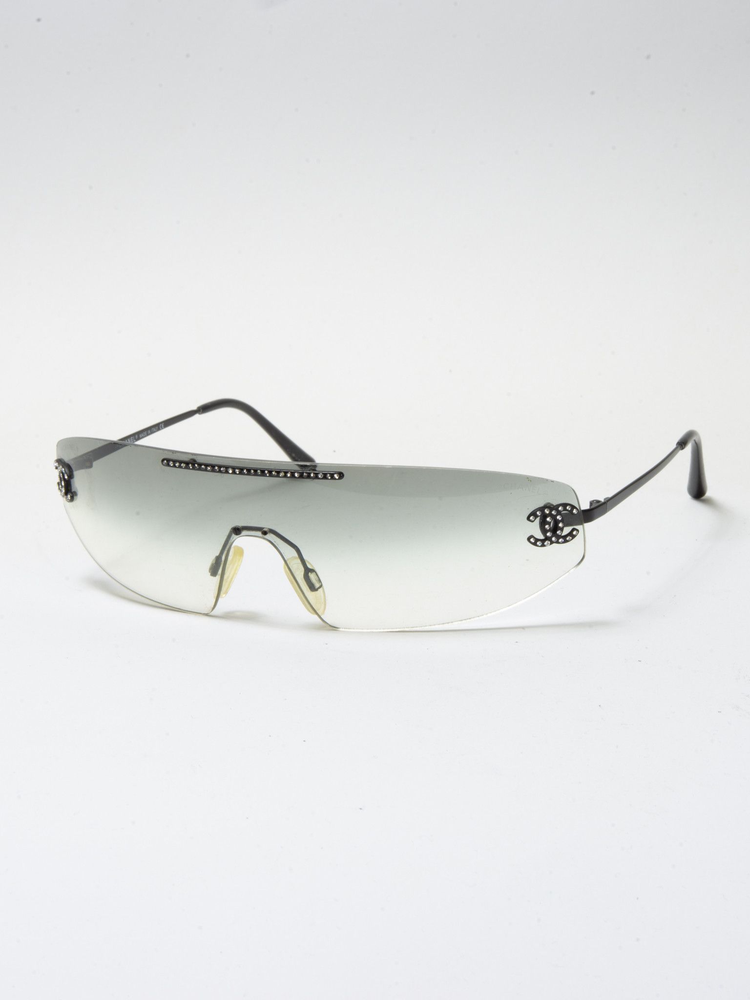 image of Chanel Vintage Monolens Clear Sunglasses With Swarovski Stones in Clear/Slightly Tinted, Men's