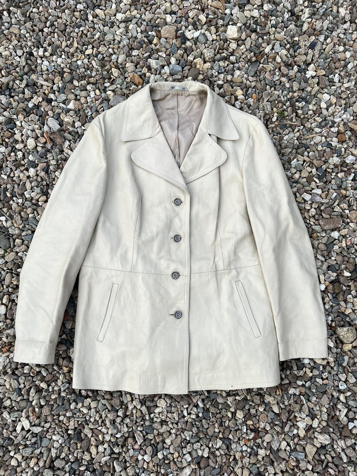 image of Vintage Avant Garde Y2K Leather Coat in White/Cream/Beige, Men's (Size Medium)
