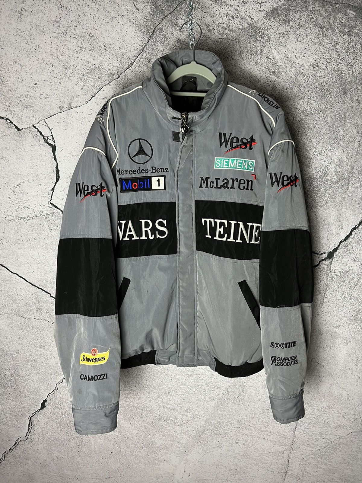 image of Vintage Mercedes Benz Mclaren West Bomber Racing Jacket in Grey, Men's (Size 2XL)