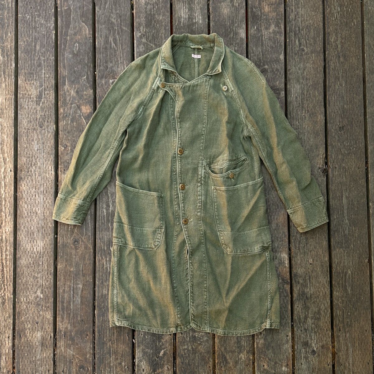 image of Kapital Military Soft Canvas Trench Coat Long Jacket Parka in Green Olive, Men's (Size Large)