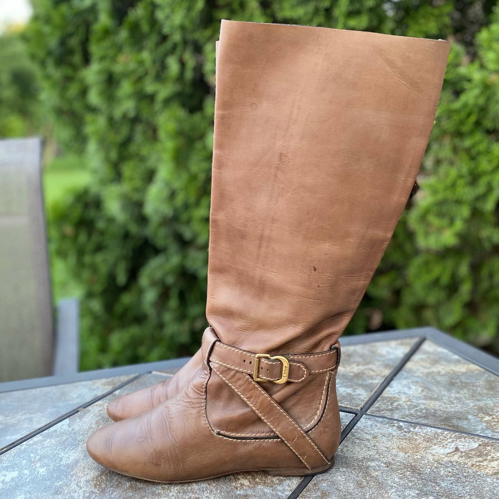 Chloe Tan Knee High Leather Riding Boots Mid Calf EU 37/7