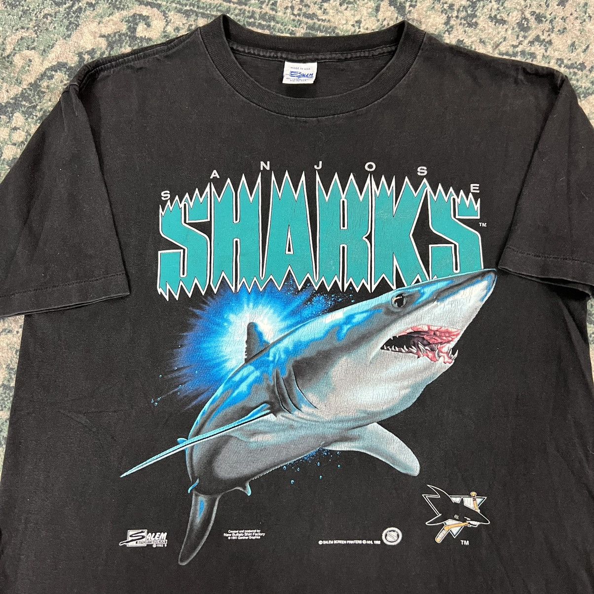 image of Hockey Jersey x Vintage San Jose Sharks Hockey Shirt 1991 in Black, Men's (Size Large)