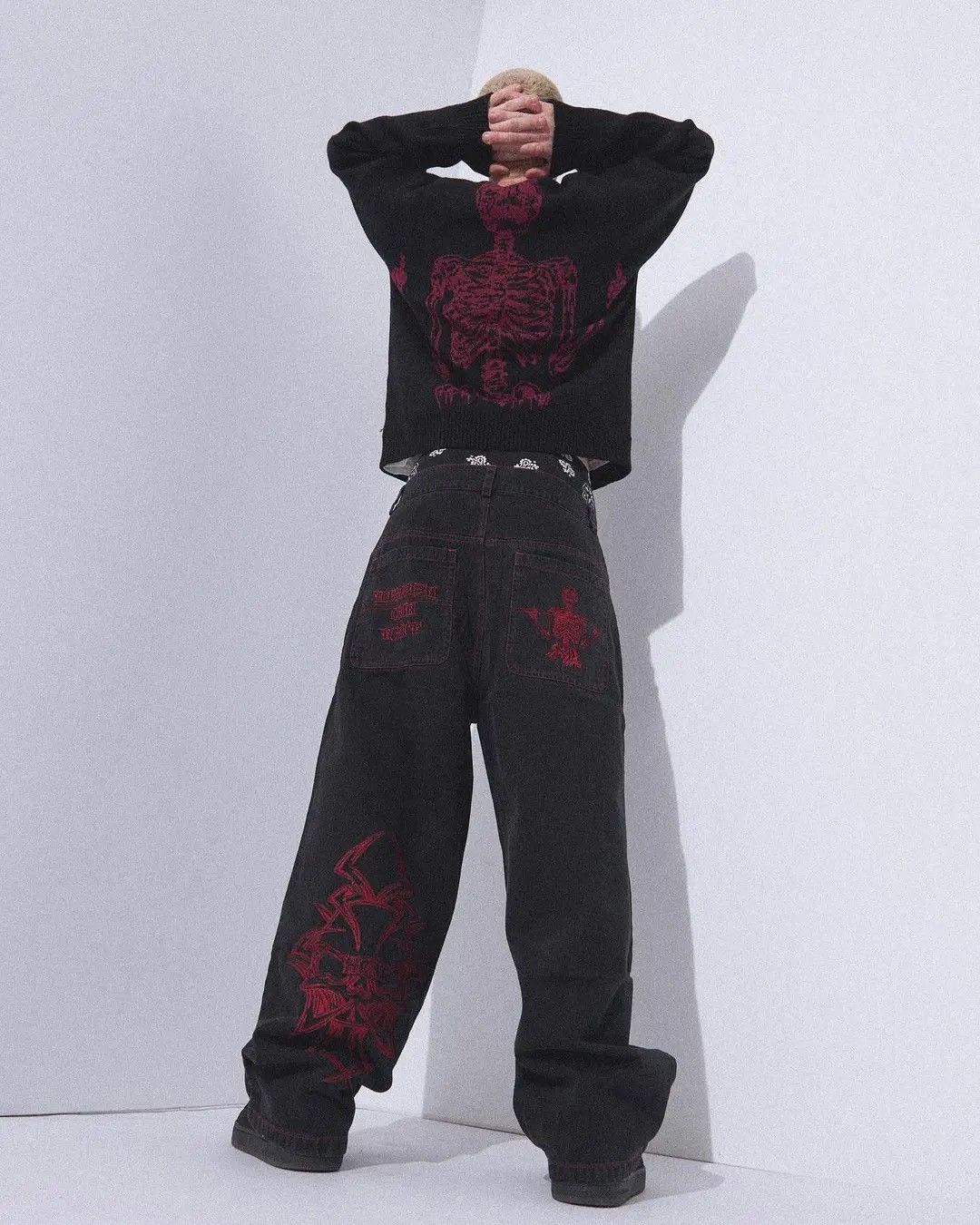 Japanese Brand × Vintage American Retro Y2K pants skeleton straight Trousers Wide Leg Size US 34 / EU 50 - 5 Thumbnail