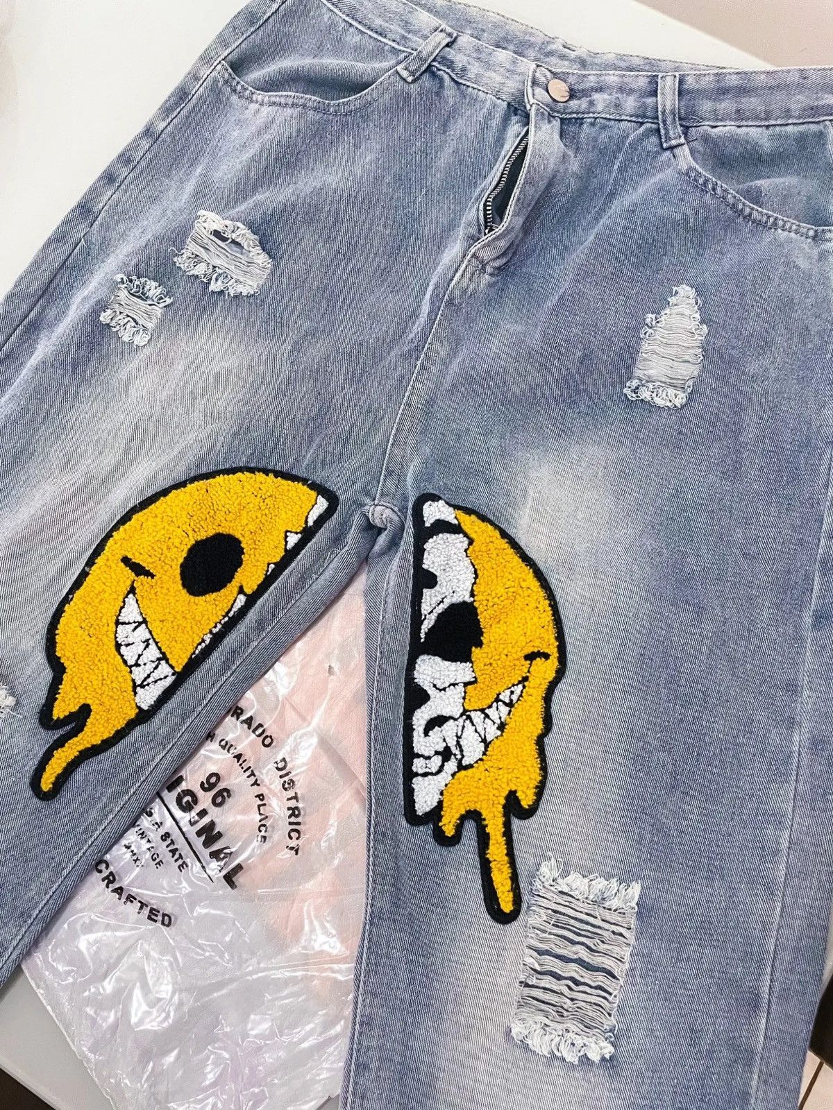 Designer × Japanese Brand Asymmetric ripped jeans holes baggy y2k K pop Harajuku Size US 30 / EU 46 - 6 Thumbnail