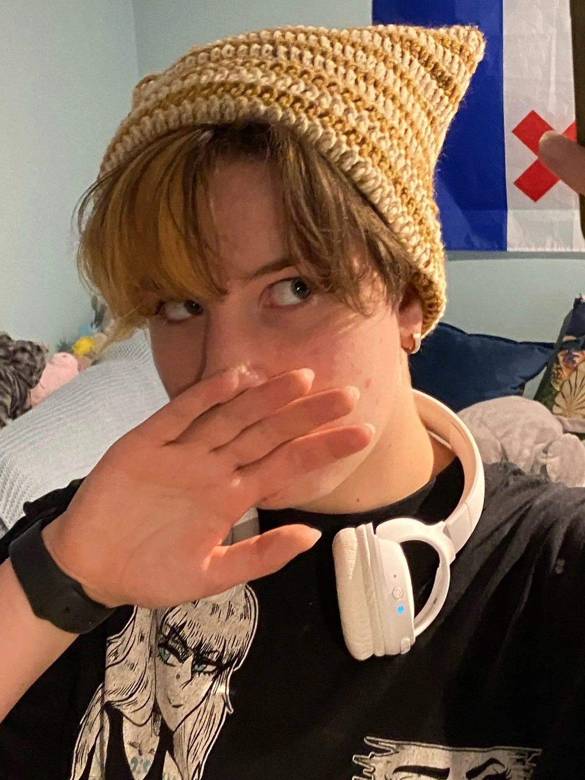 Designer × Japanese Brand Knitted Beanie Hat in stripes with cat ears Size ONE SIZE - 2 Thumbnail