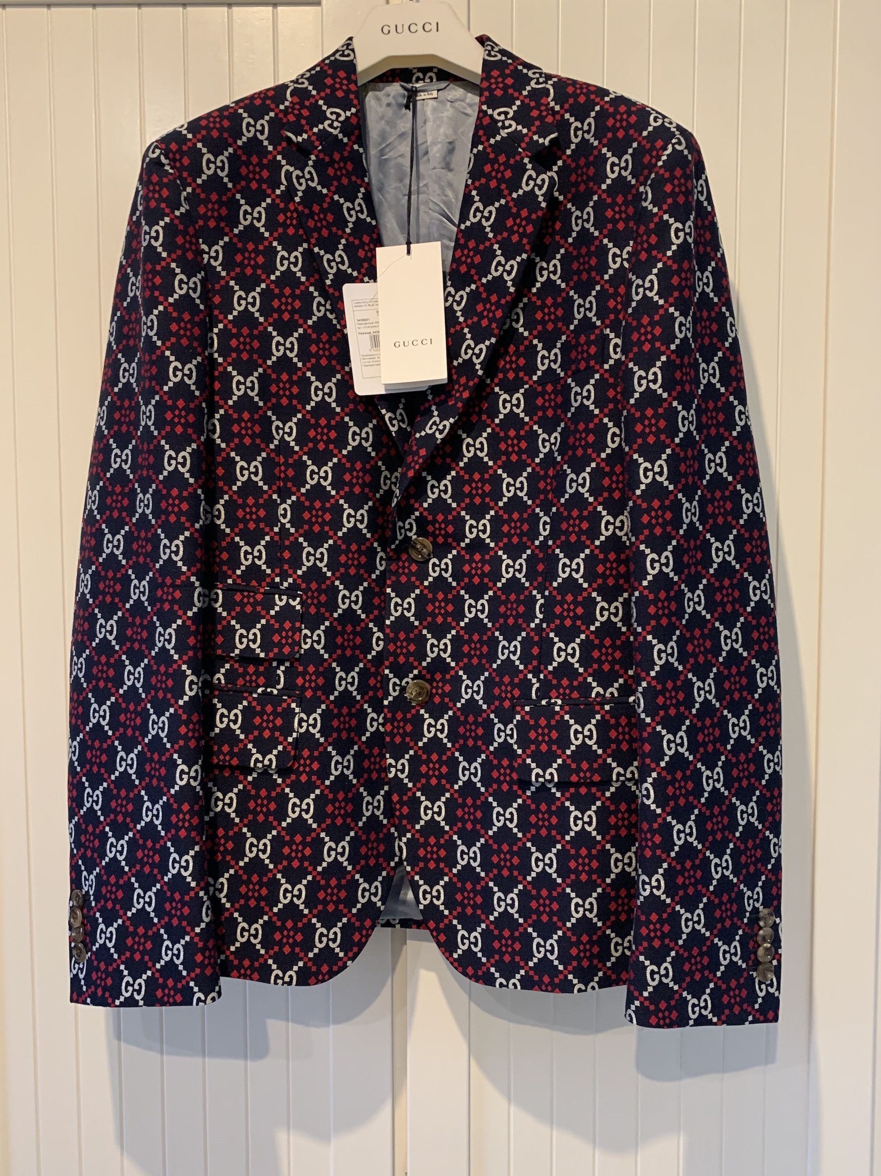 image of Gucci Fw'19 Blazer GG Diamond in Navy Red White, Men's (Size 40R)