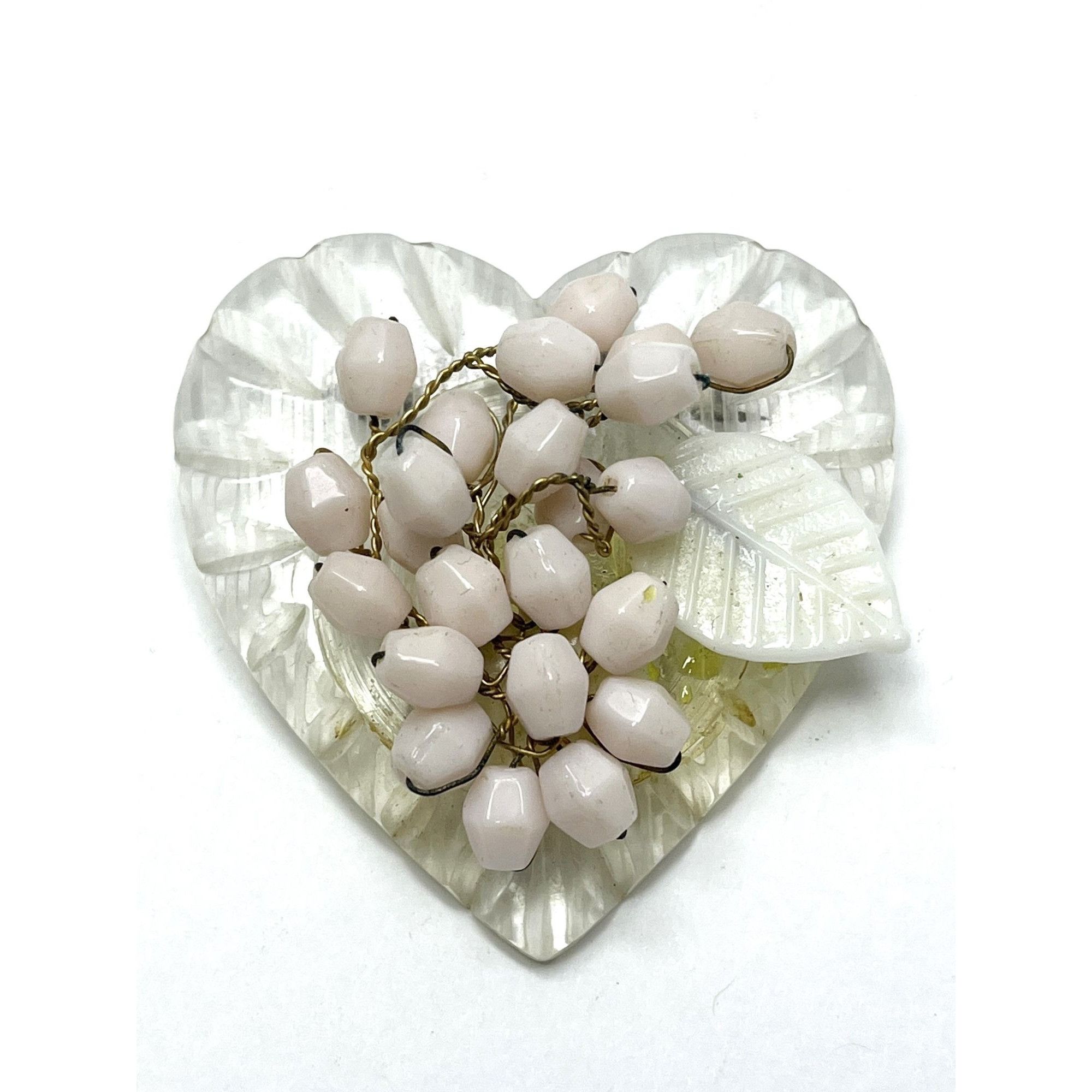Vintage Pink Beaded Lucite Heart Brooch Pin