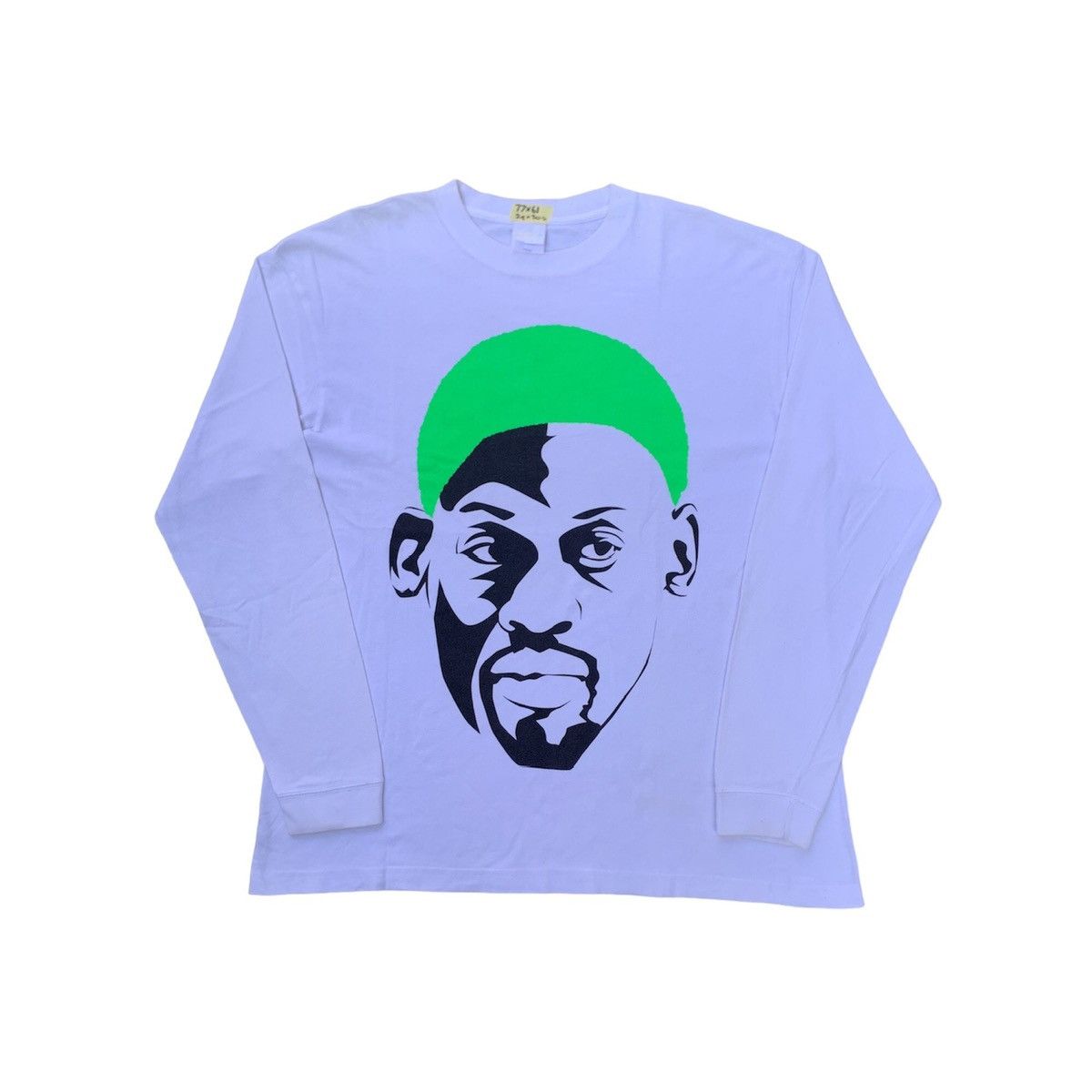 image of NBA x Rap Tees Dennis Rodman Green Hair Longsleeve Tshirt in White, Men's (Size XL)