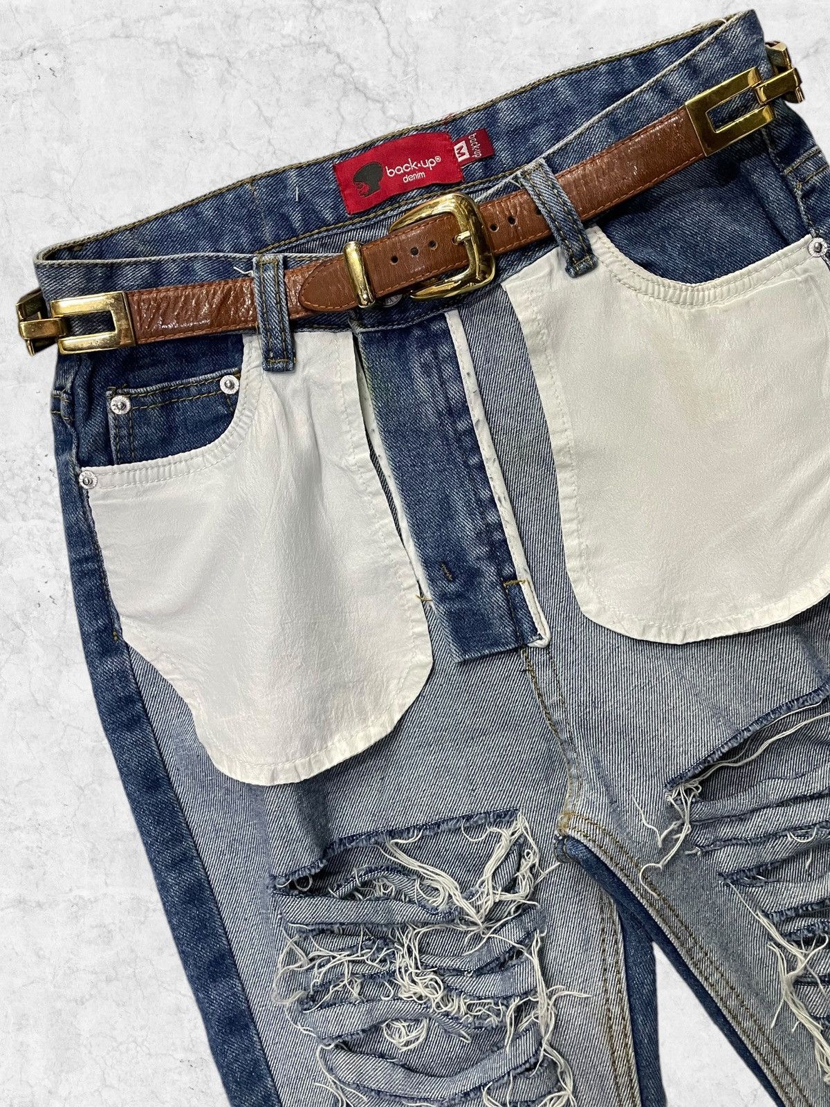 Japanese Brand × Vintage Backup Japan Reversed Style Denim Pants With Leather Belt Size US 27 - 5 Thumbnail