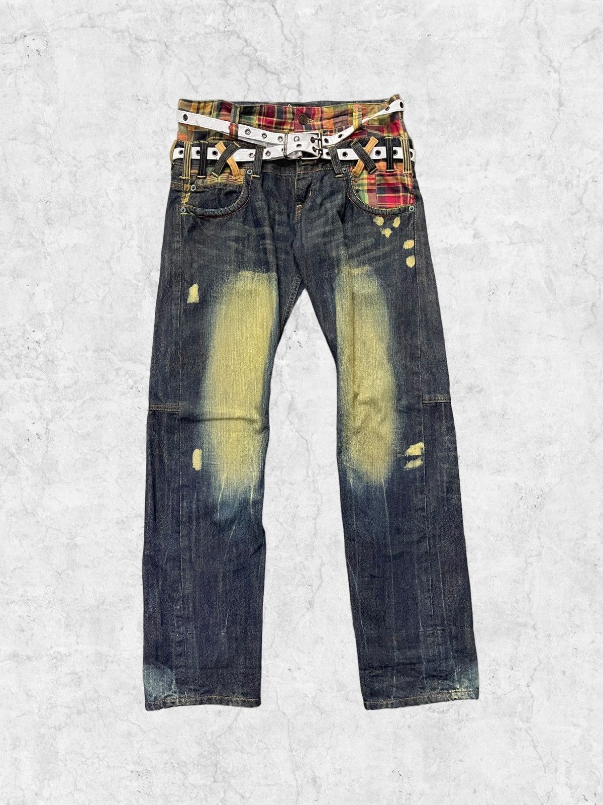 Vintage Dominate Patchwork Double Waist Denim With Rivet Twins Belt ...