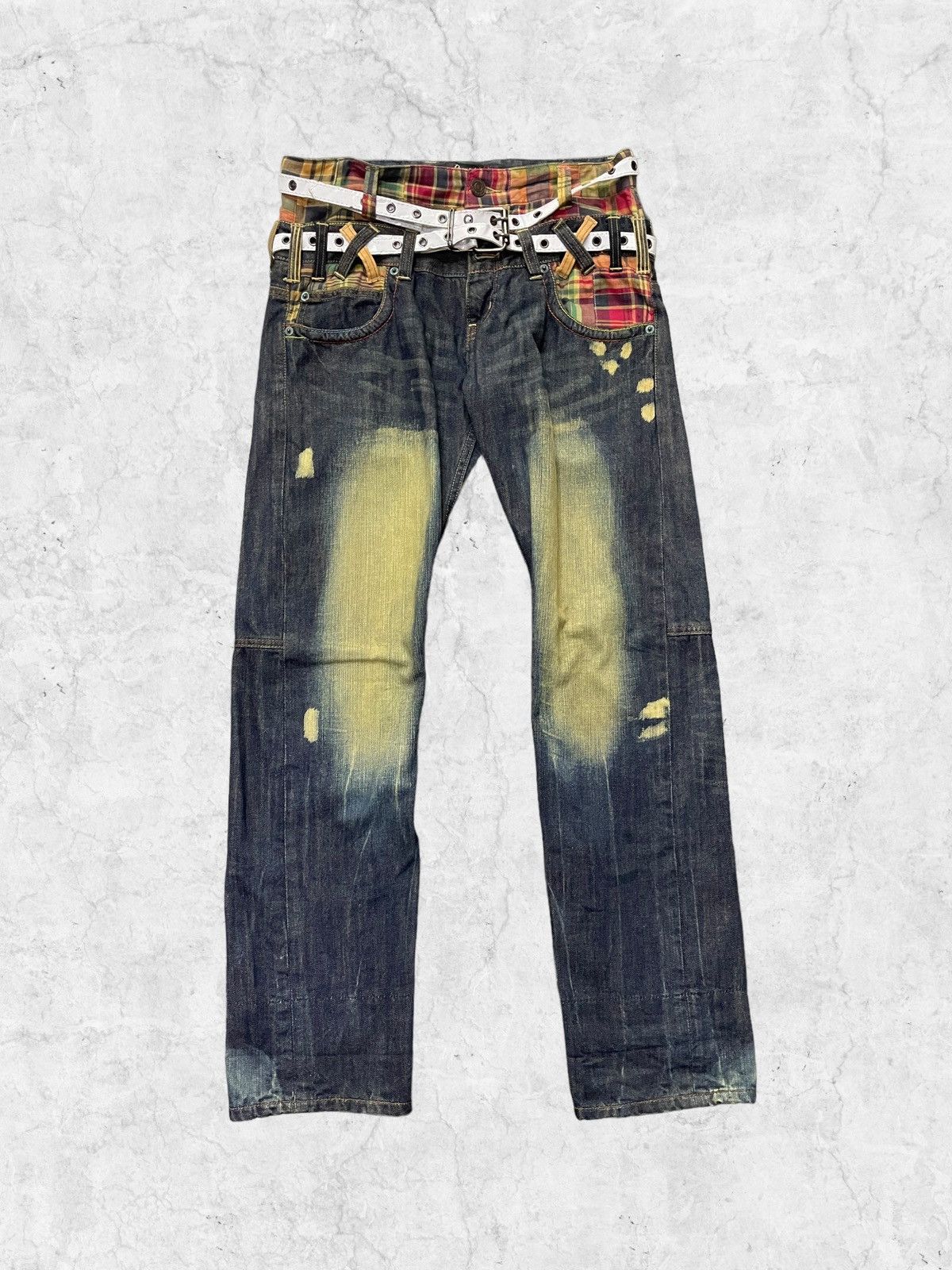 image of Vintage Dominate Patchwork Double Waist Denim With Rivet Twins Belt in Yellow/Blue/Rust (Size 32)