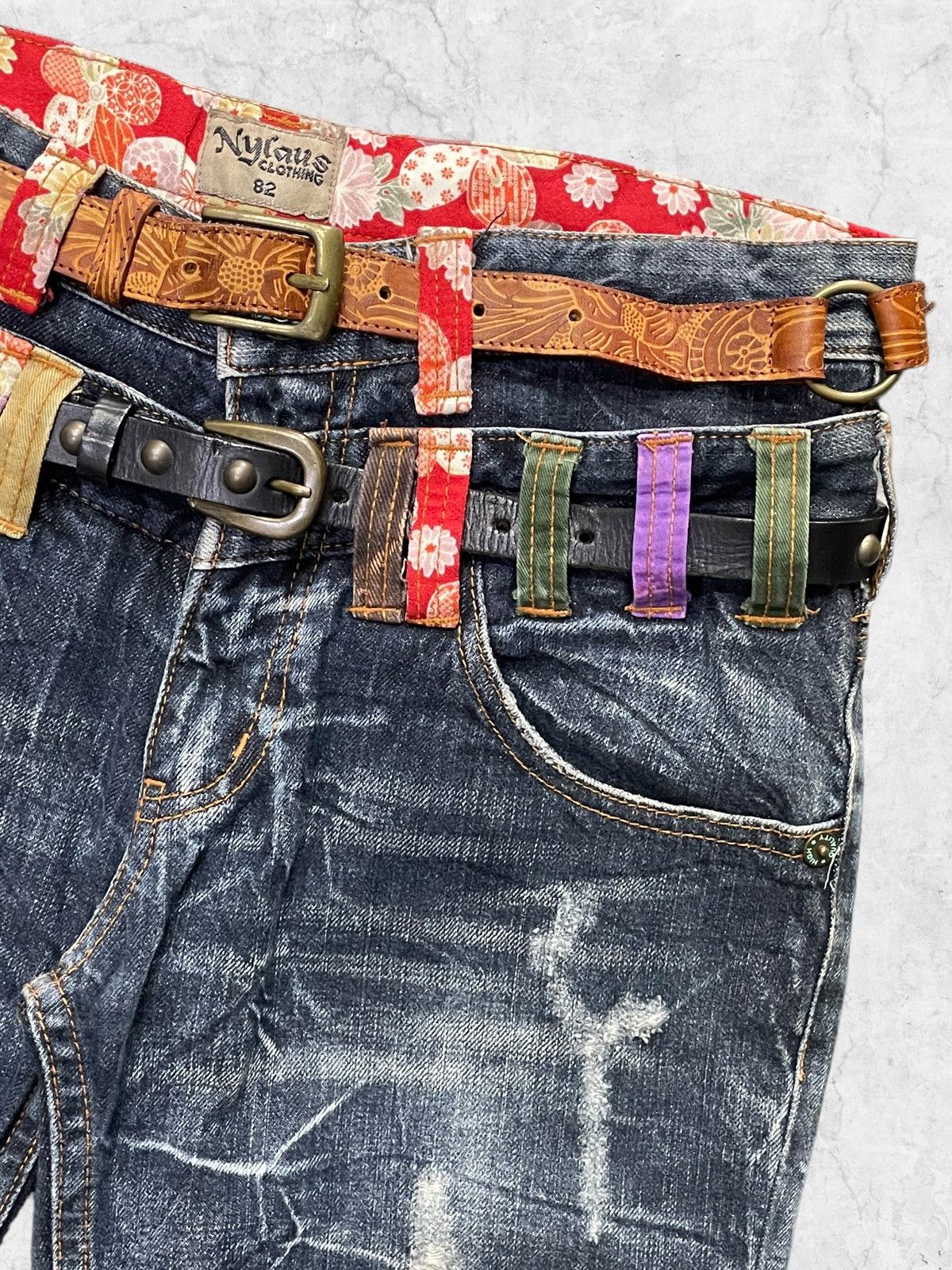 Japanese Brand × Vintage Nylaus Distressed Double Waist Denim With Crazy Double Belt Size US 30 / EU 46 - 6 Thumbnail